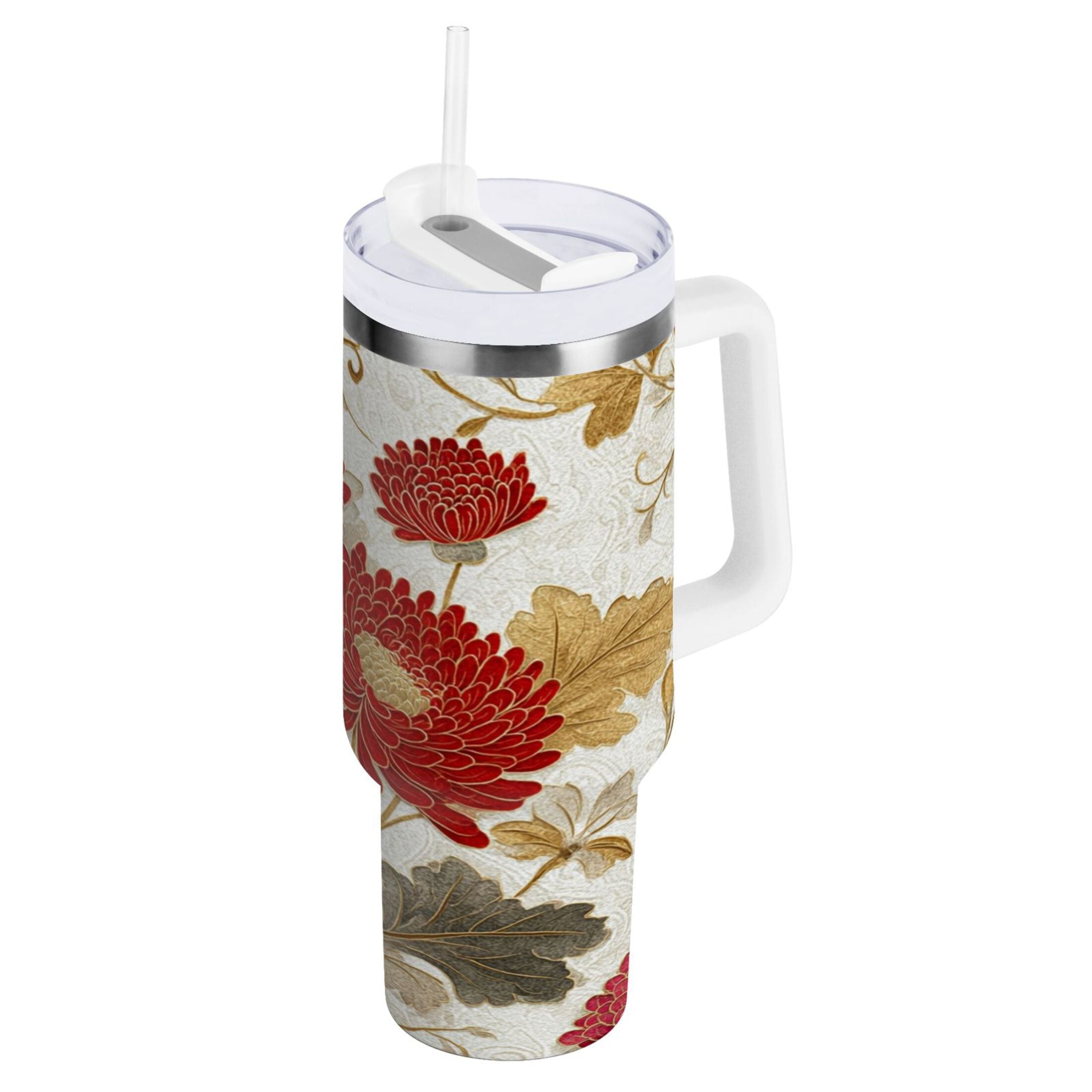 30 oz Insulated Stainless Steel Tumbler Double Wall Stainless Steel Tumbler with 2-Way Drinking Red Chrysanthemum Pattern R1OZ