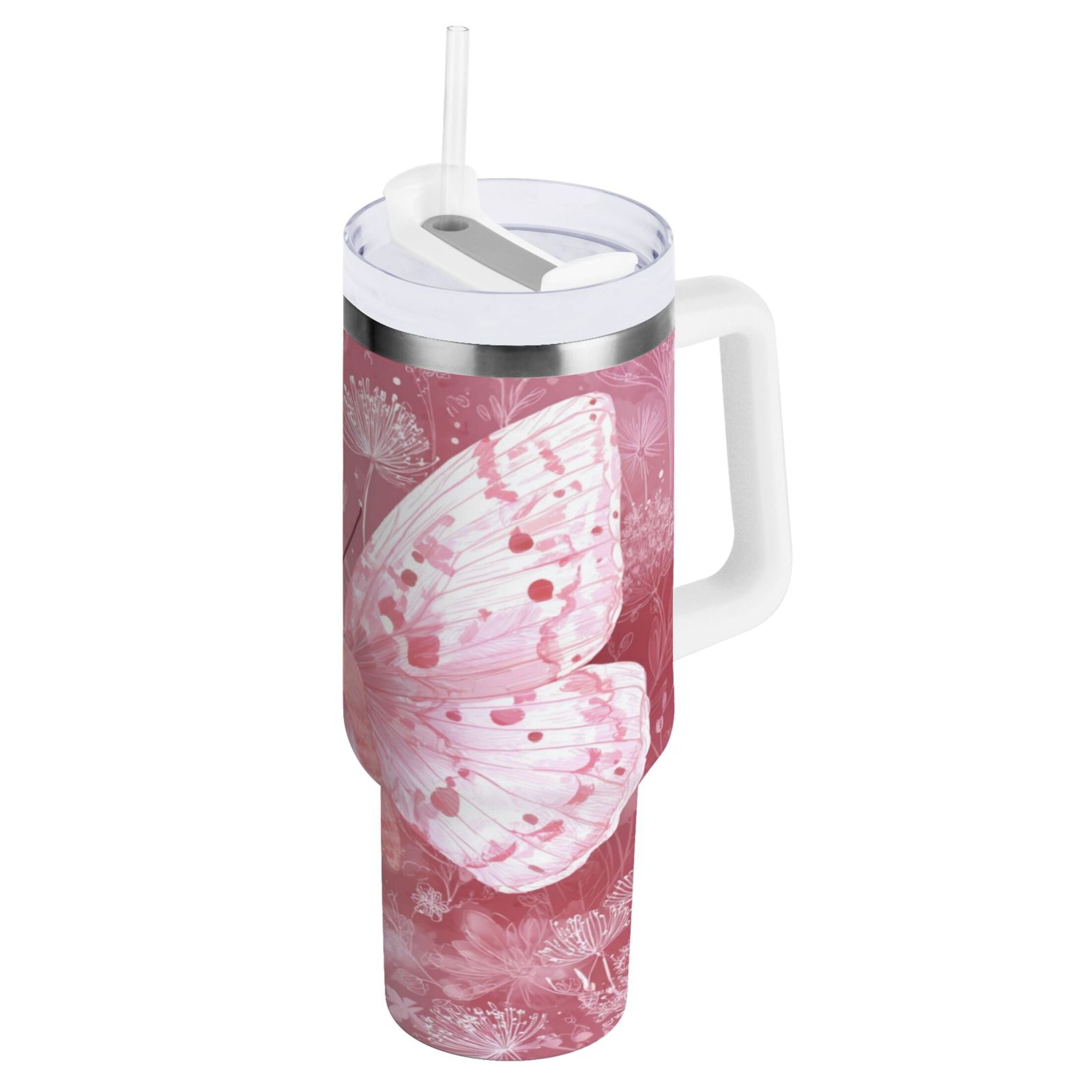 30 oz Insulated Stainless Steel Tumbler Double Wall Stainless Steel Tumbler with 2-Way Drinking Soft Pink Butterfly F6BY
