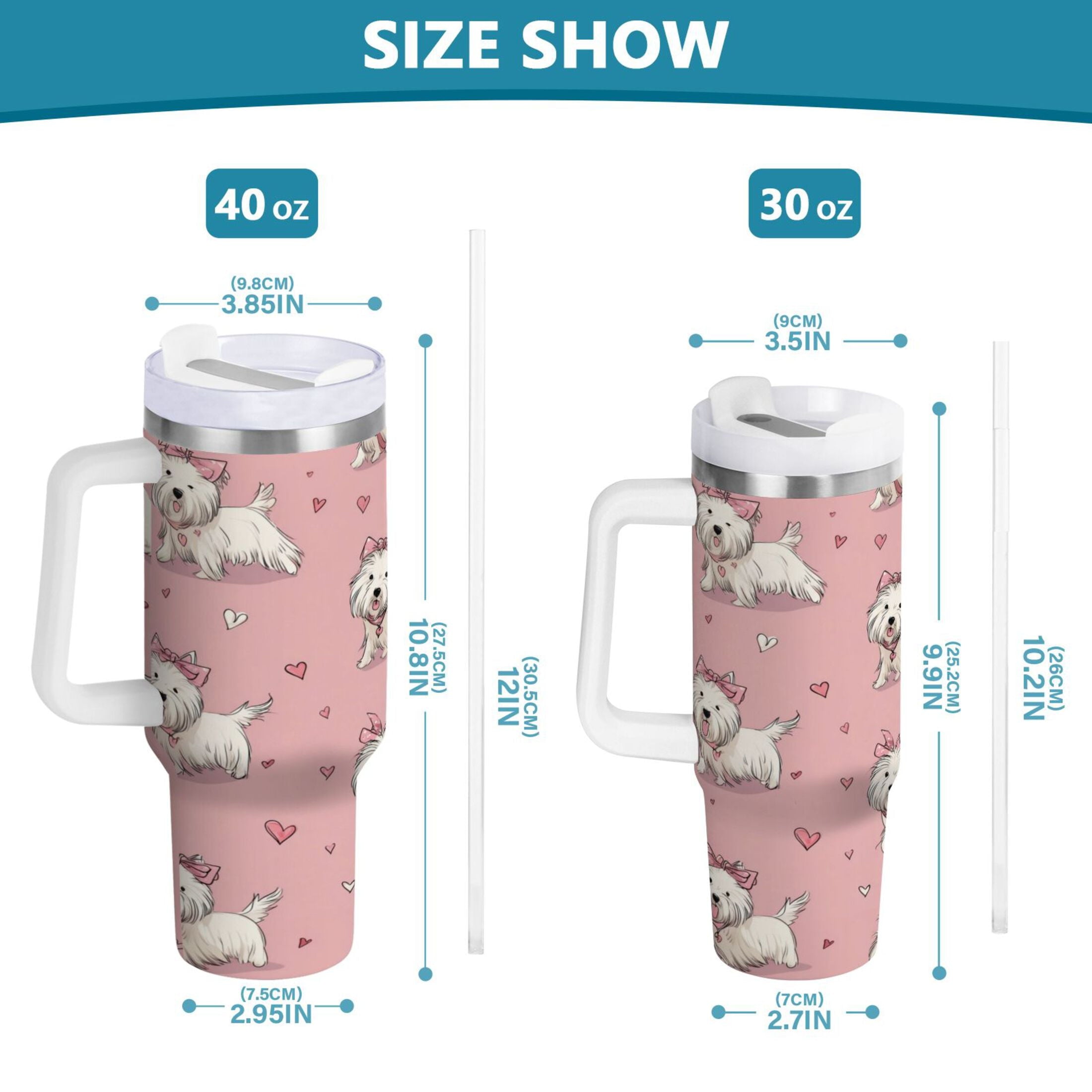 30 oz Insulated Stainless Steel Tumbler Double Wall Stainless Steel Tumbler with 2-Way Drinking Dogs Wearing Bows GEU1