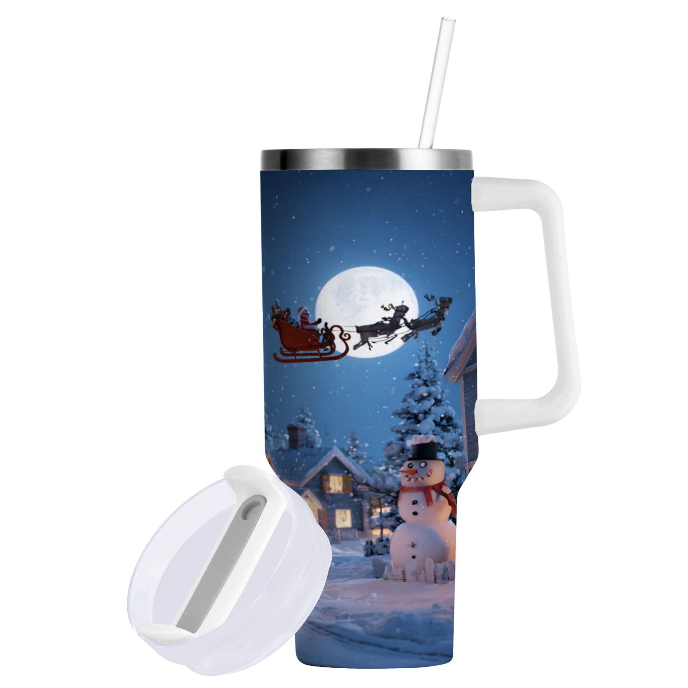 30 oz Insulated Stainless Steel Tumbler Double Wall Stainless Steel Tumbler with 2-Way Drinking Christmas Night Scene C9EV