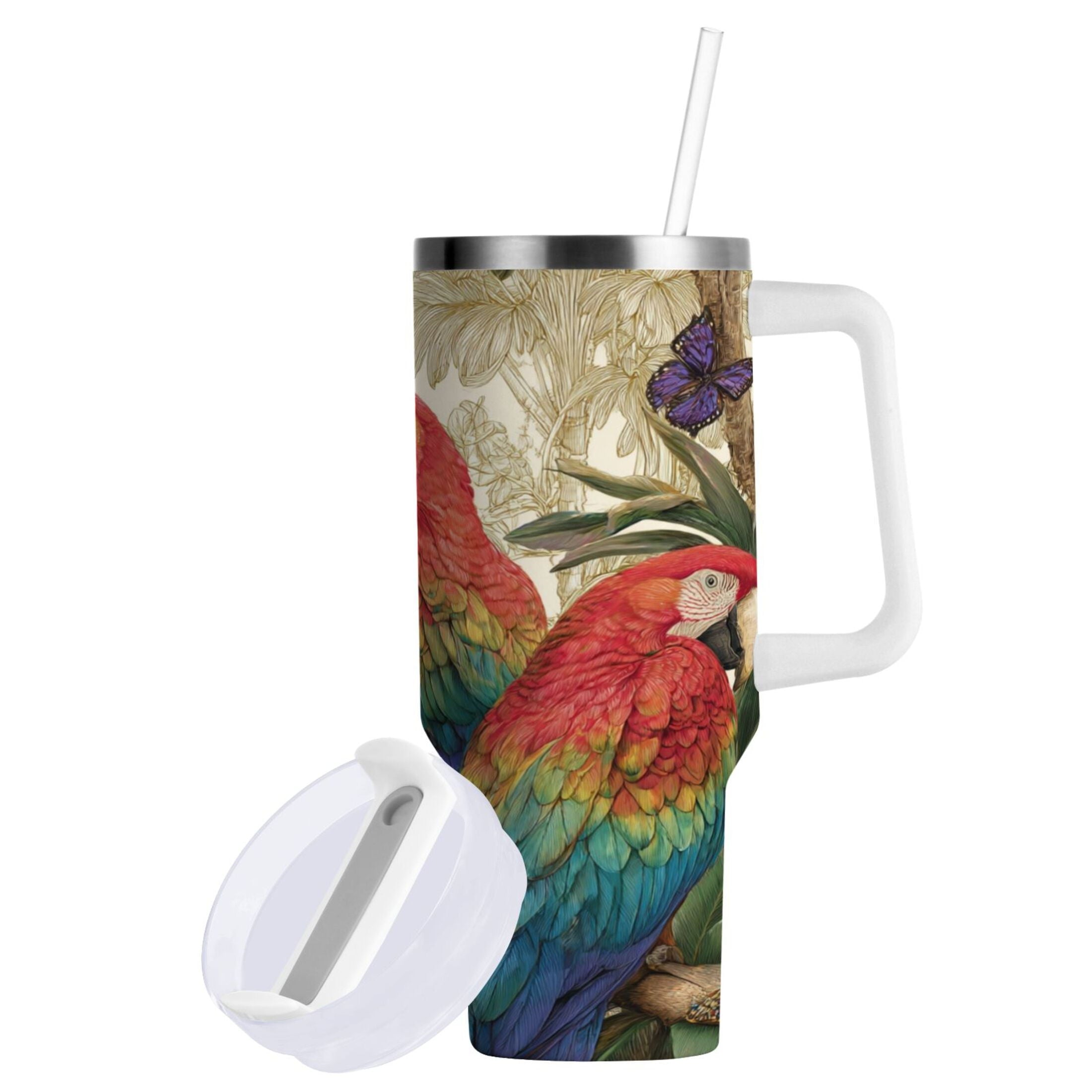 30 oz Insulated Stainless Steel Tumbler Double Wall Stainless Steel Tumbler with 2-Way Drinking Colorful Beautiful Parrots IVHL