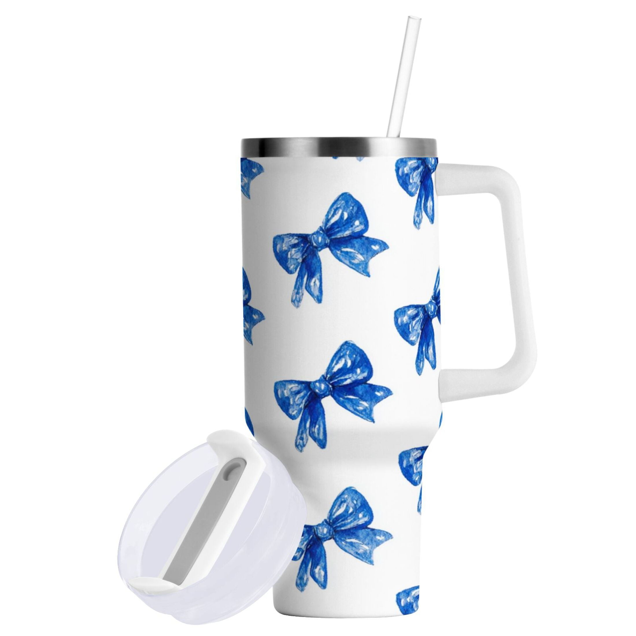 30 oz Insulated Stainless Steel Tumbler Double Wall Stainless Steel Tumbler with 2-Way Drinking Blue Bows Pattern MPO0