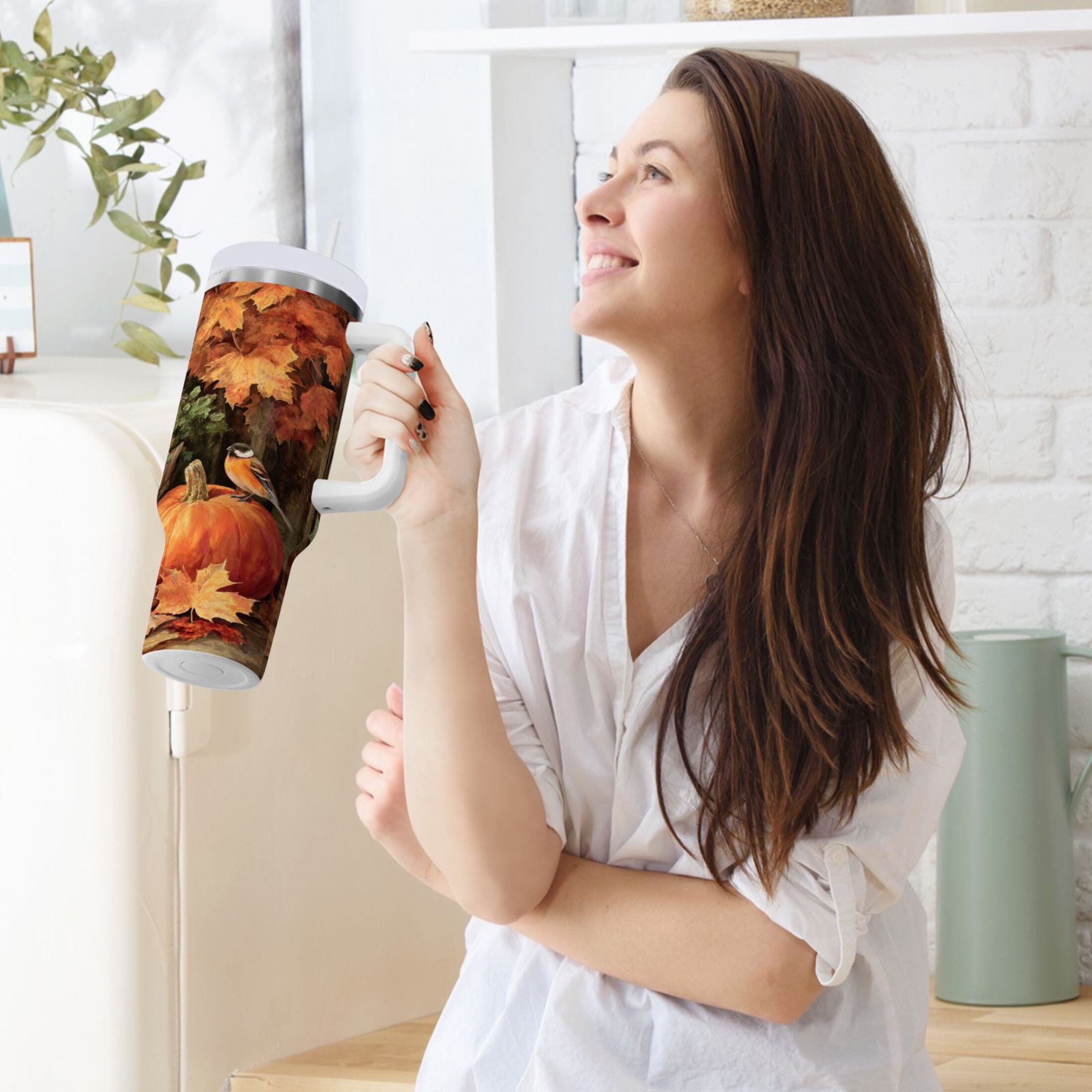 30 oz Insulated Stainless Steel Tumbler Double Wall Stainless Steel Tumbler with 2-Way Drinking Beautiful Fall Scene FW9T