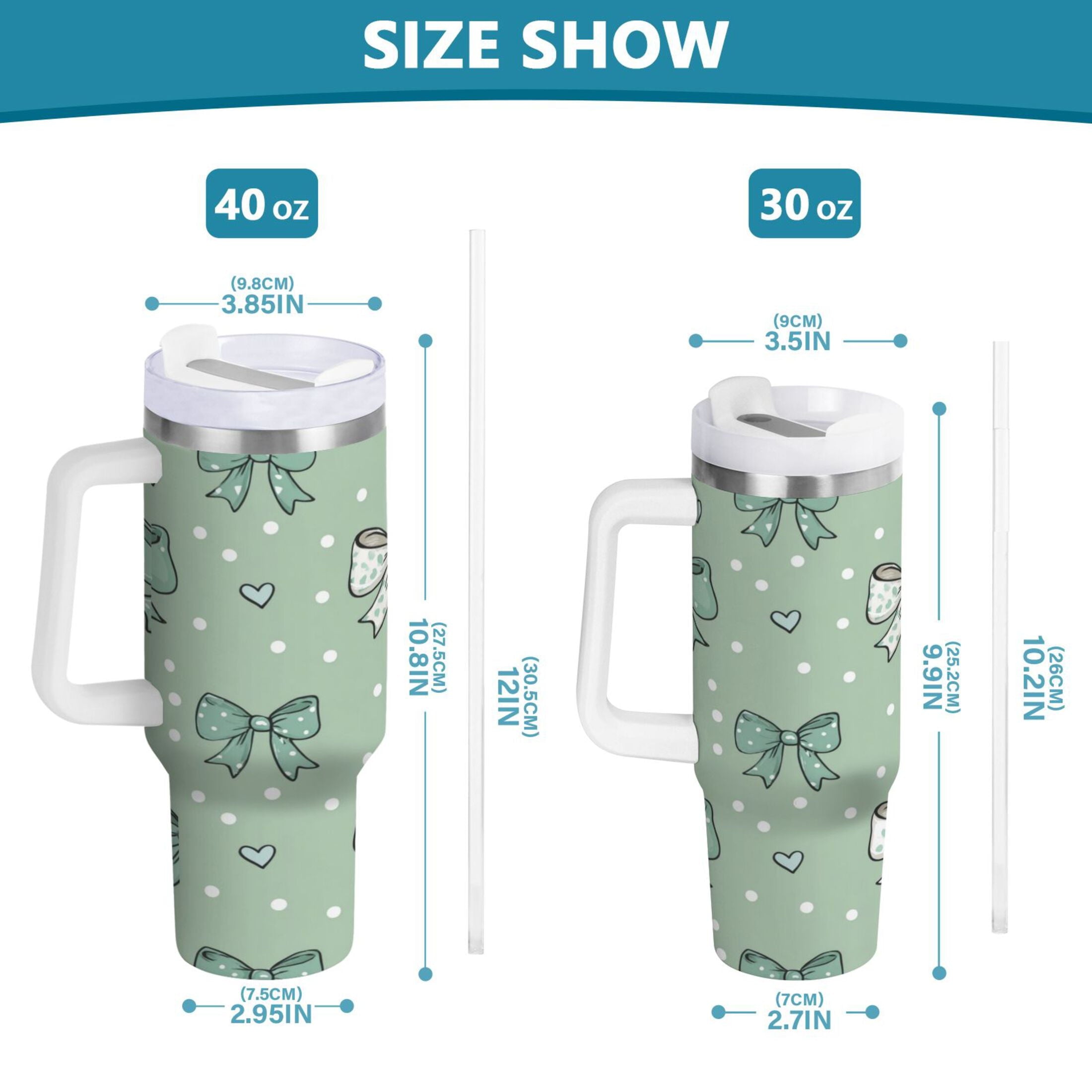 30 oz Insulated Stainless Steel Tumbler Double Wall Stainless Steel Tumbler with 2-Way Drinking Green and Mint Bows S96K