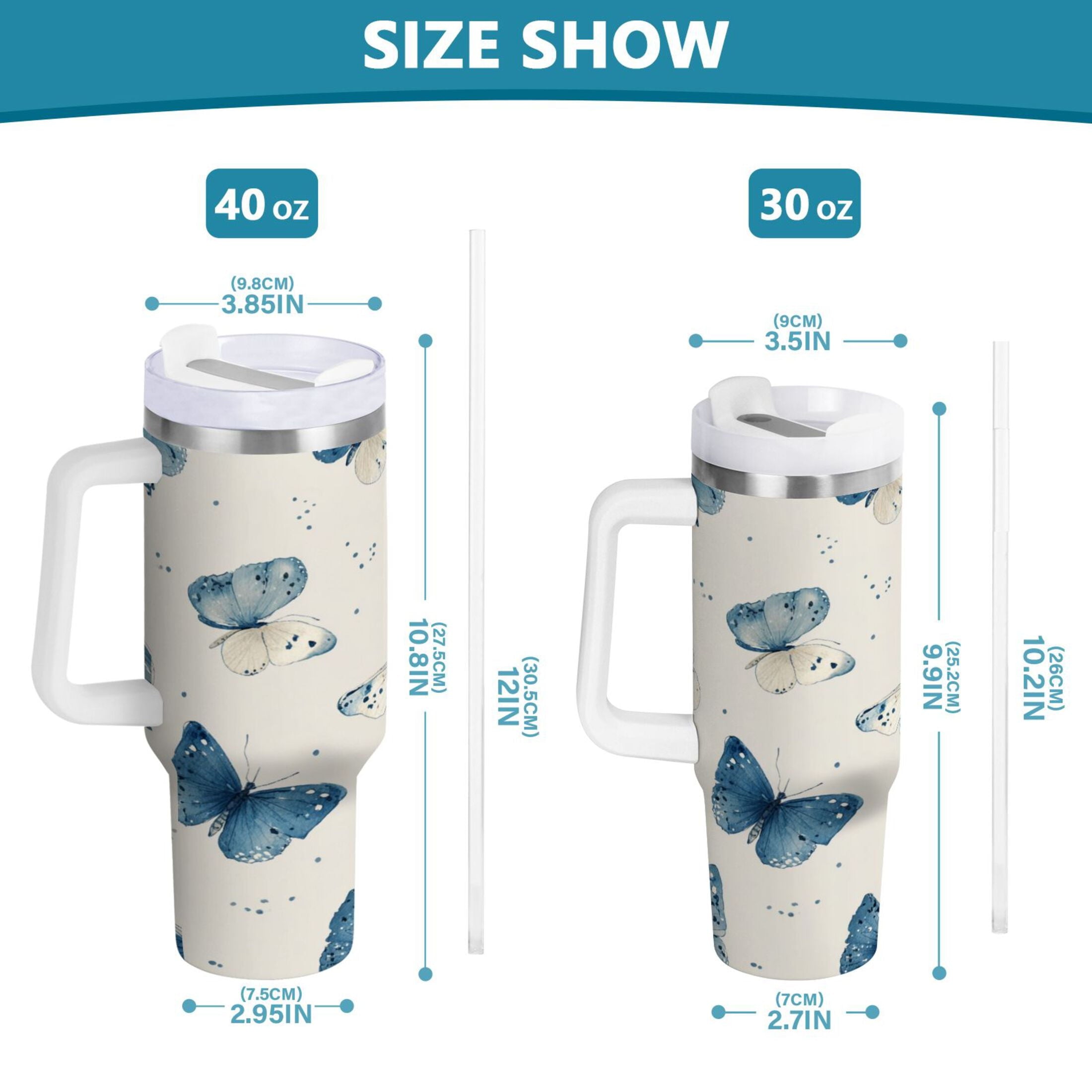 30 oz Insulated Stainless Steel Tumbler Double Wall Stainless Steel Tumbler with 2-Way Drinking Blue Watercolor Butterflies 5KFT