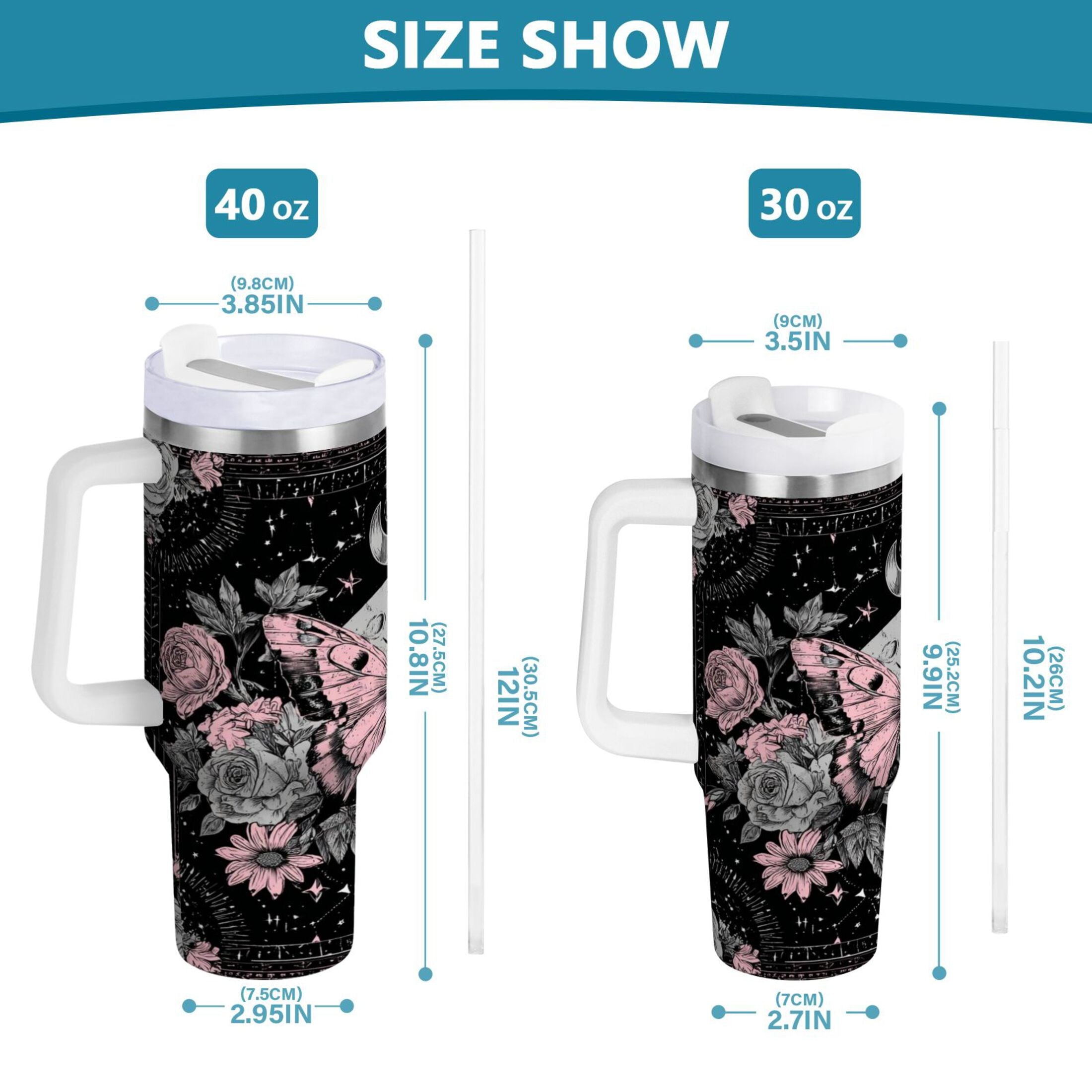 30 oz Insulated Stainless Steel Tumbler Double Wall Stainless Steel Tumbler with 2-Way Drinking Butterfly by Moon and Flowers Y02L