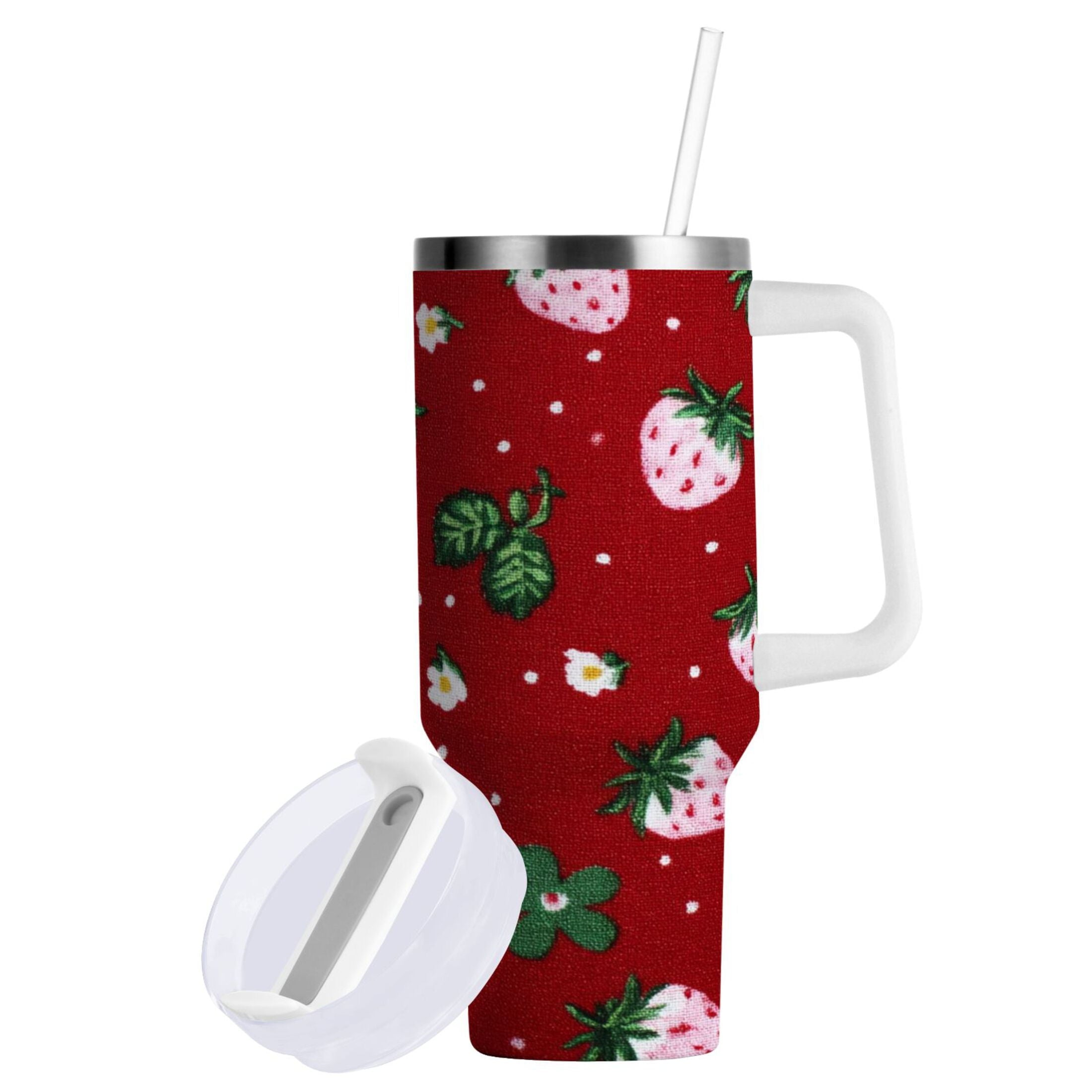 30 oz Insulated Stainless Steel Tumbler Double Wall Stainless Steel Tumbler with 2-Way Drinking Cute Pink Strawberry Pattern 7XWJ