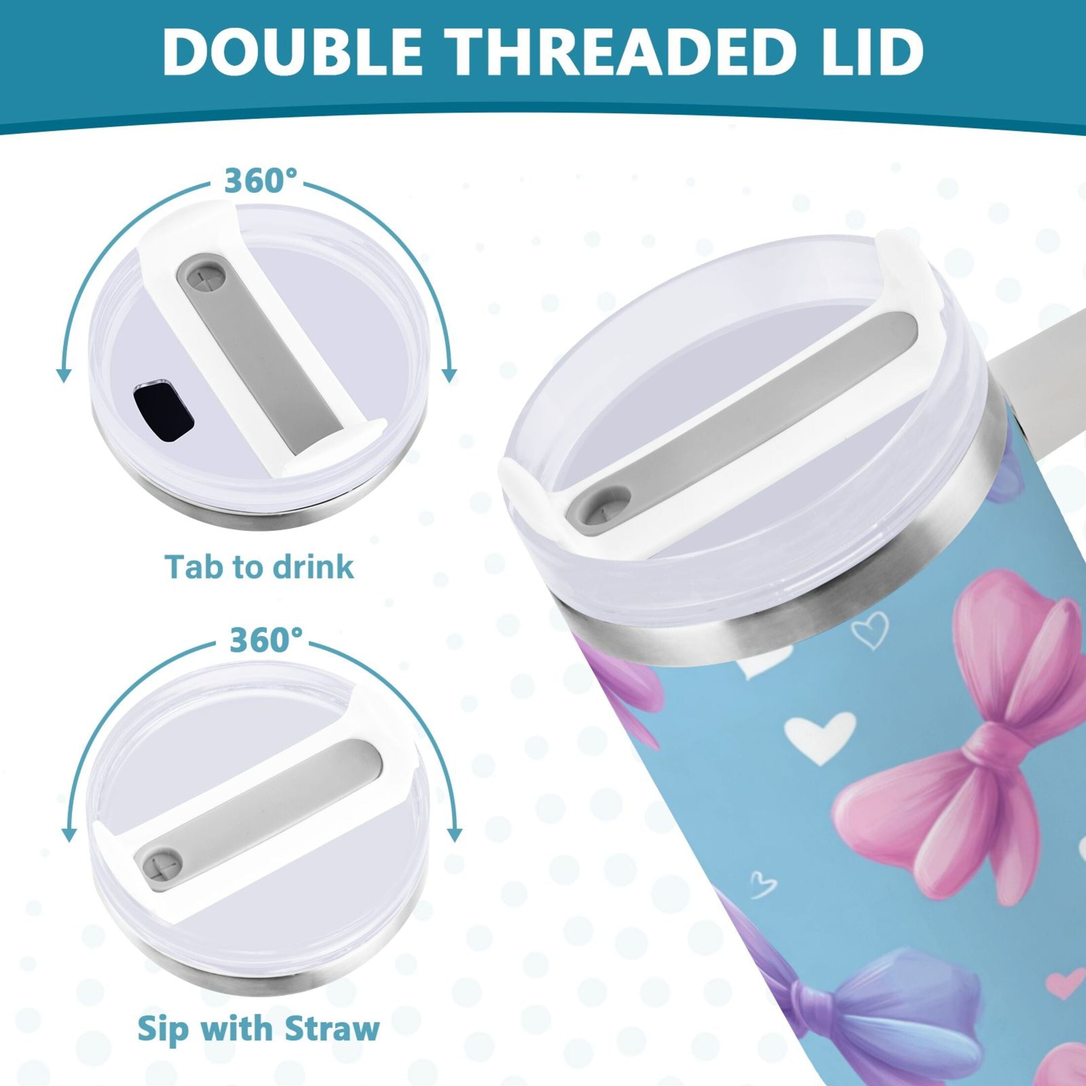 30 oz Insulated Stainless Steel Tumbler Double Wall Stainless Steel Tumbler with 2-Way Drinking Pink and Purple Bows NW8L