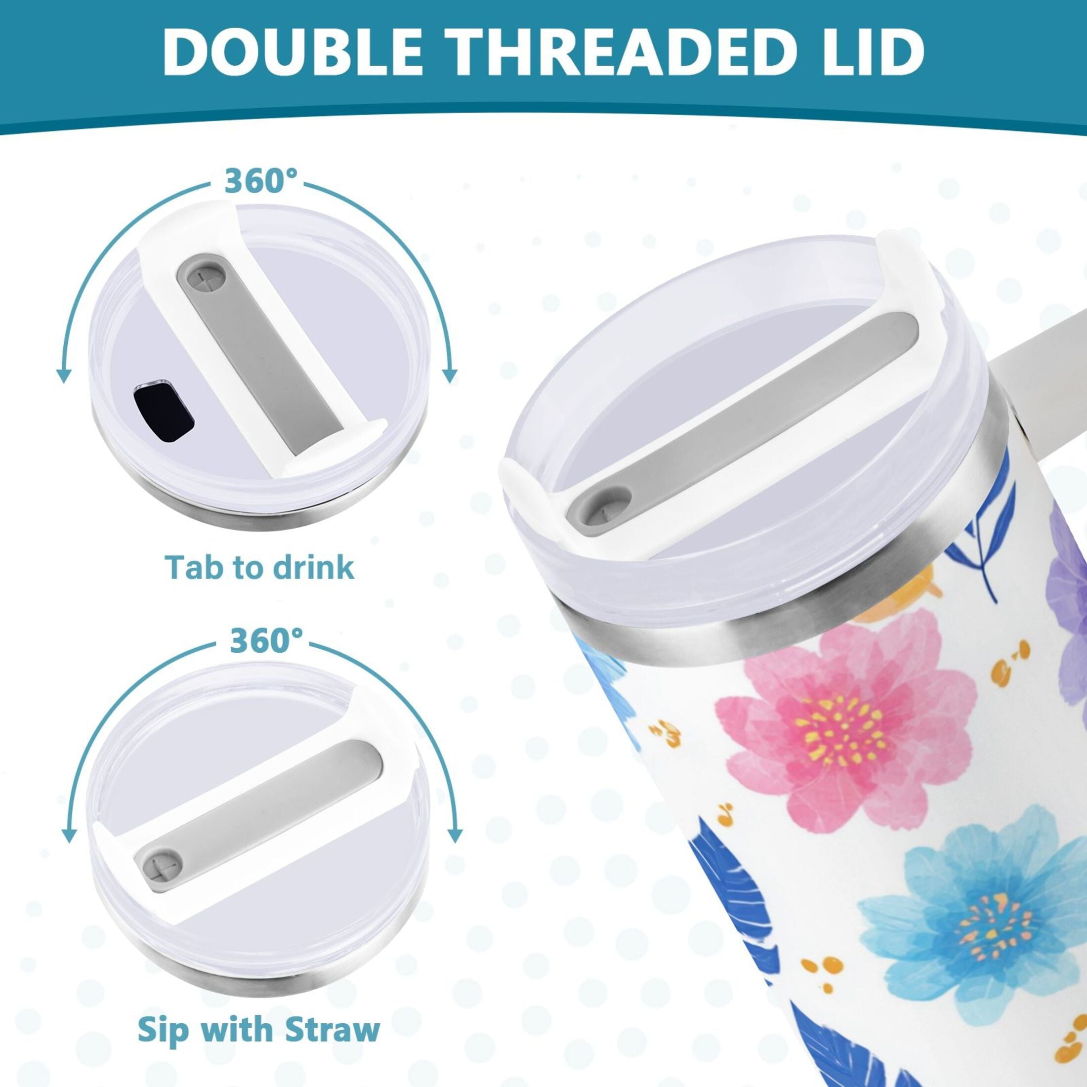 30 oz Insulated Stainless Steel Tumbler Double Wall Stainless Steel Tumbler with 2-Way Drinking Blue and Purple Flowers IHD9