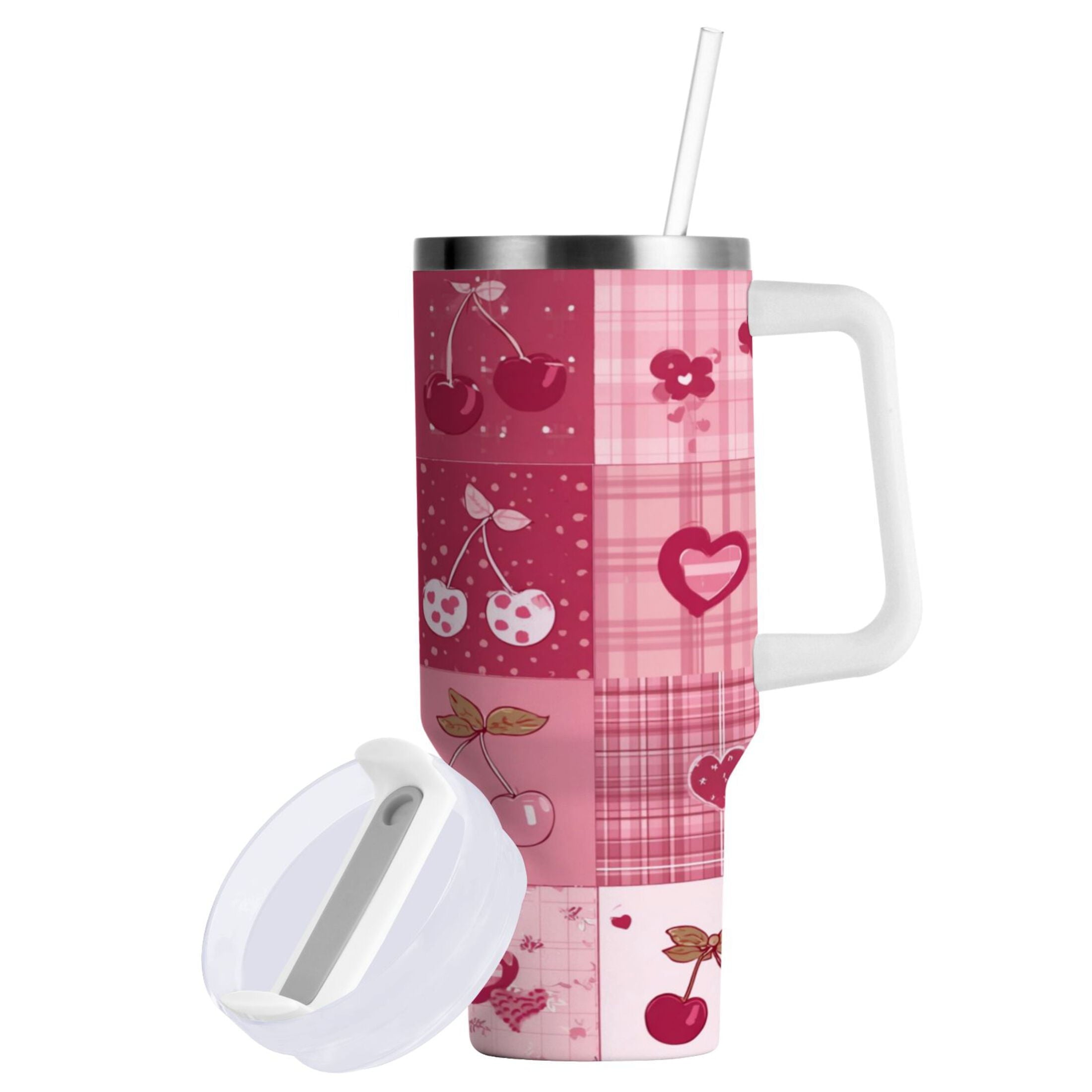30 oz Insulated Stainless Steel Tumbler Double Wall Stainless Steel Tumbler with 2-Way Drinking Cherry Pattern with Bows B6Y5