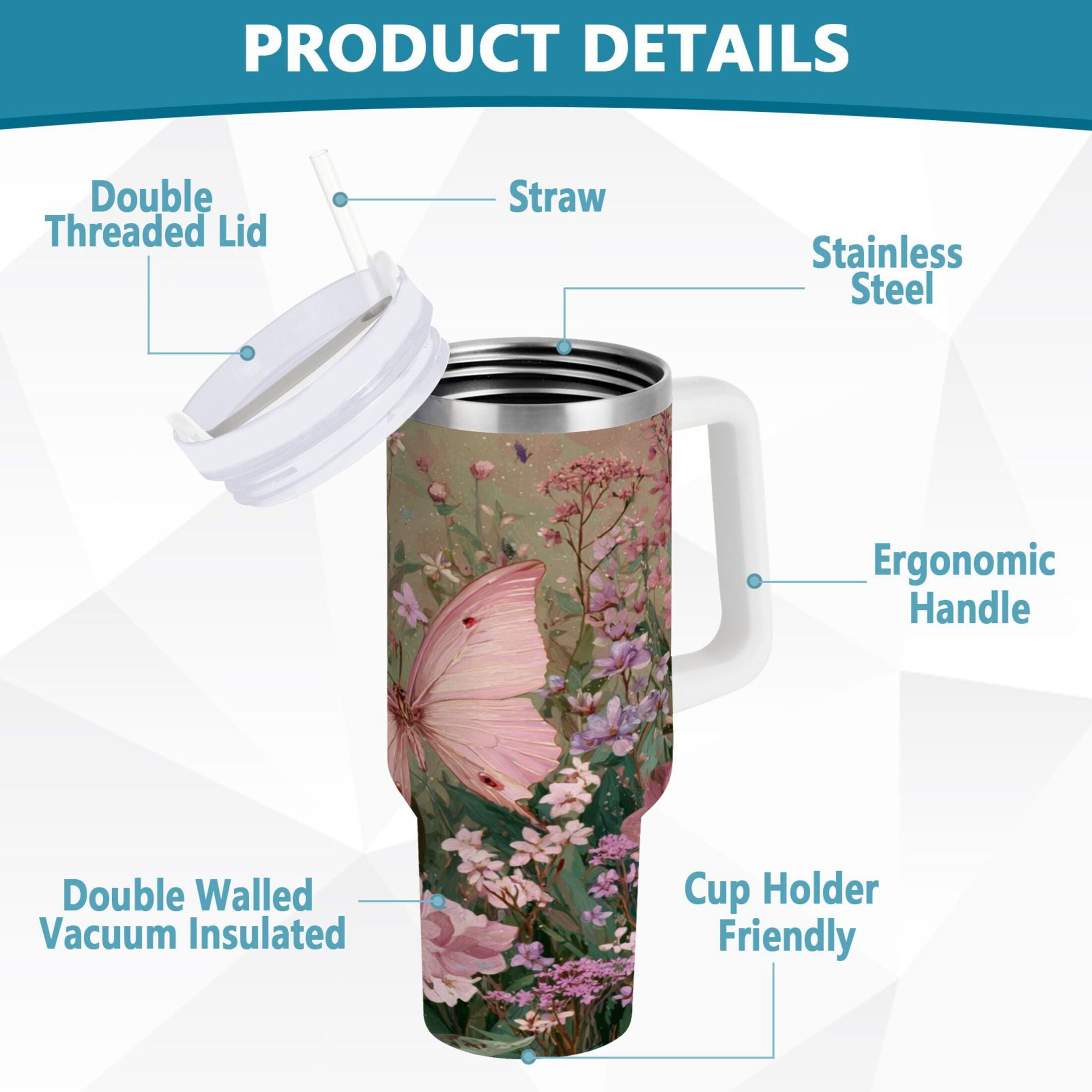 30 oz Insulated Stainless Steel Tumbler Double Wall Stainless Steel Tumbler with 2-Way Drinking Delicate Butterfly DBKC