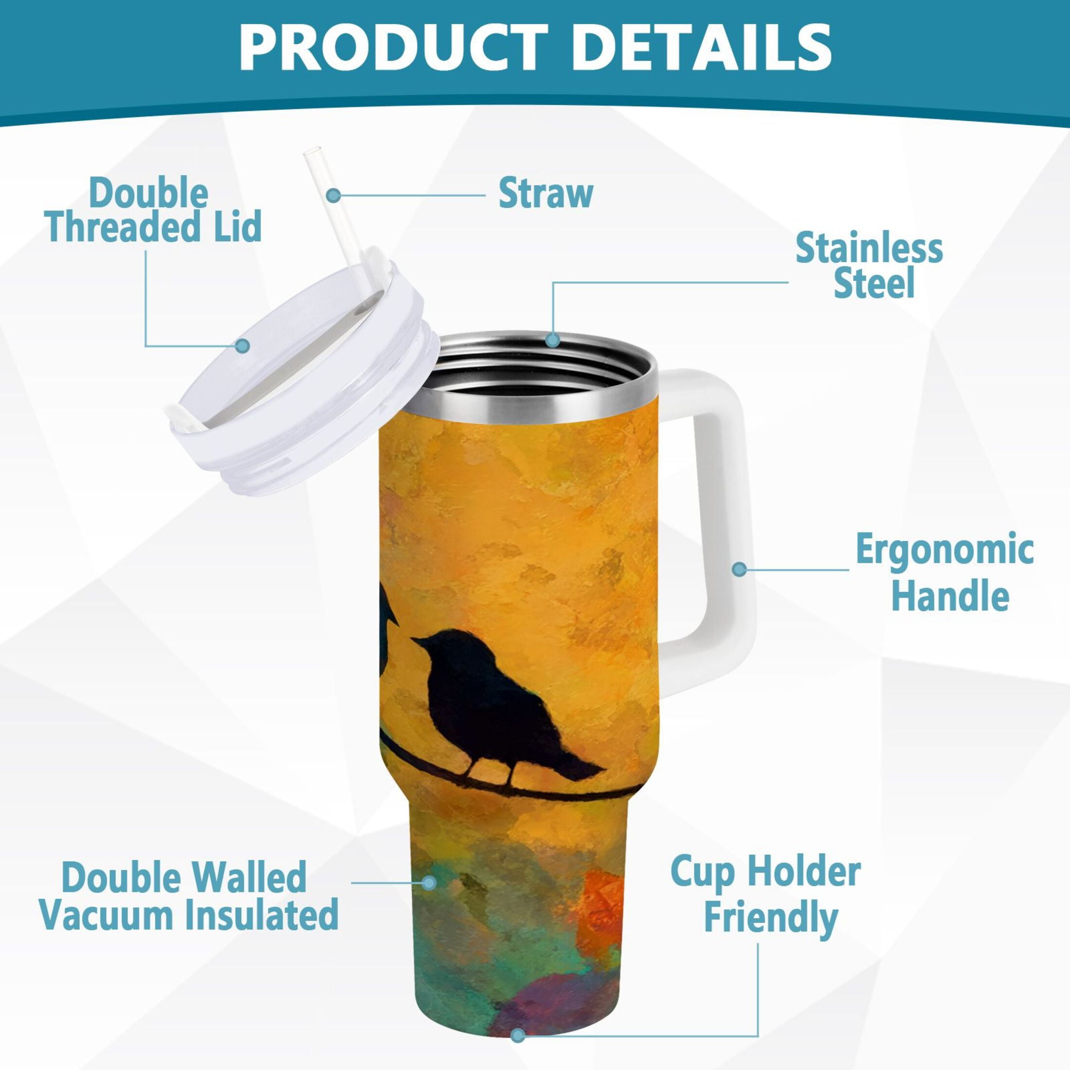 30 oz Insulated Stainless Steel Tumbler Double Wall Stainless Steel Tumbler with 2-Way Drinking Birds on A Wire 6VWE