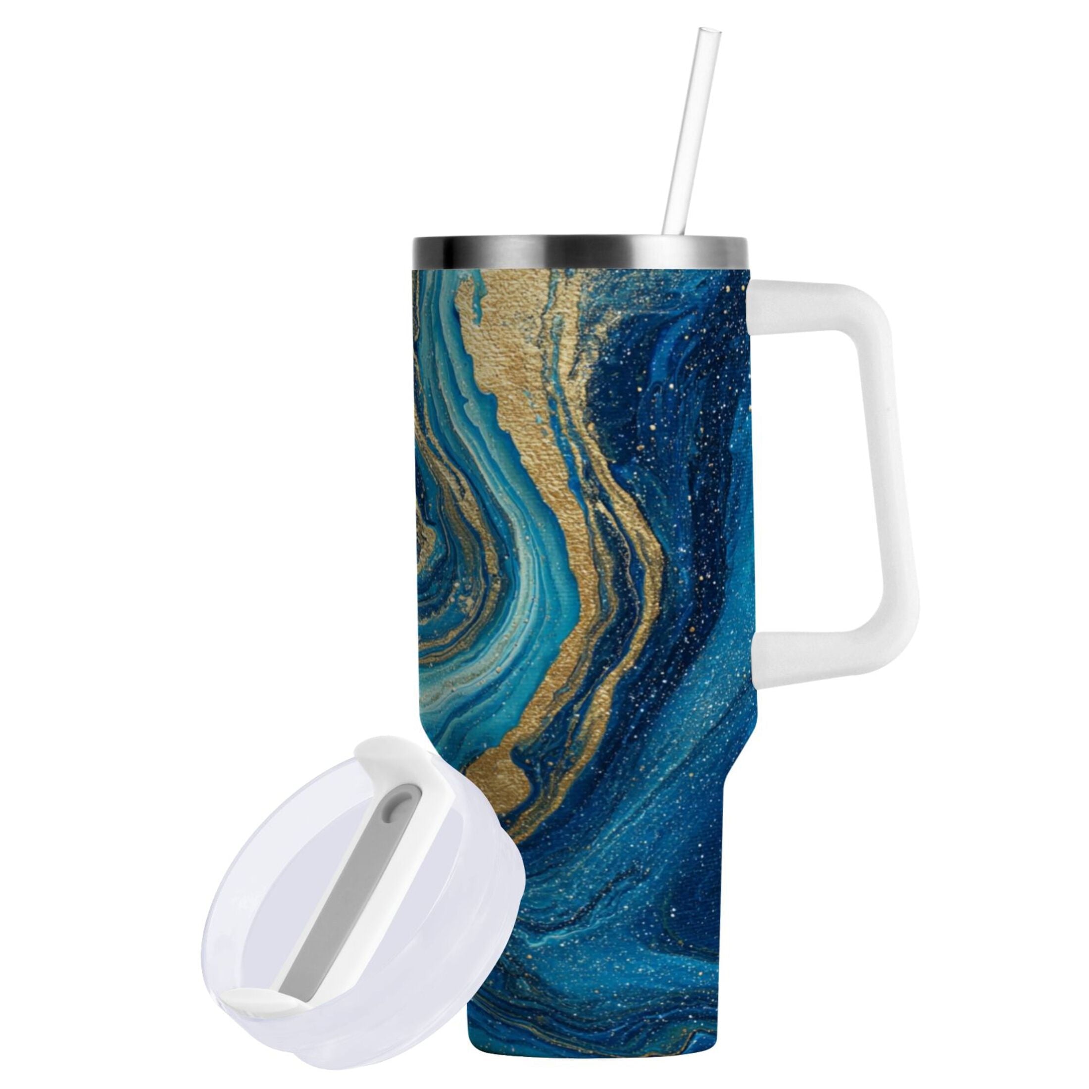 30 oz Insulated Stainless Steel Tumbler Double Wall Stainless Steel Tumbler with 2-Way Drinking Blue and Gold Ocean 1QFL