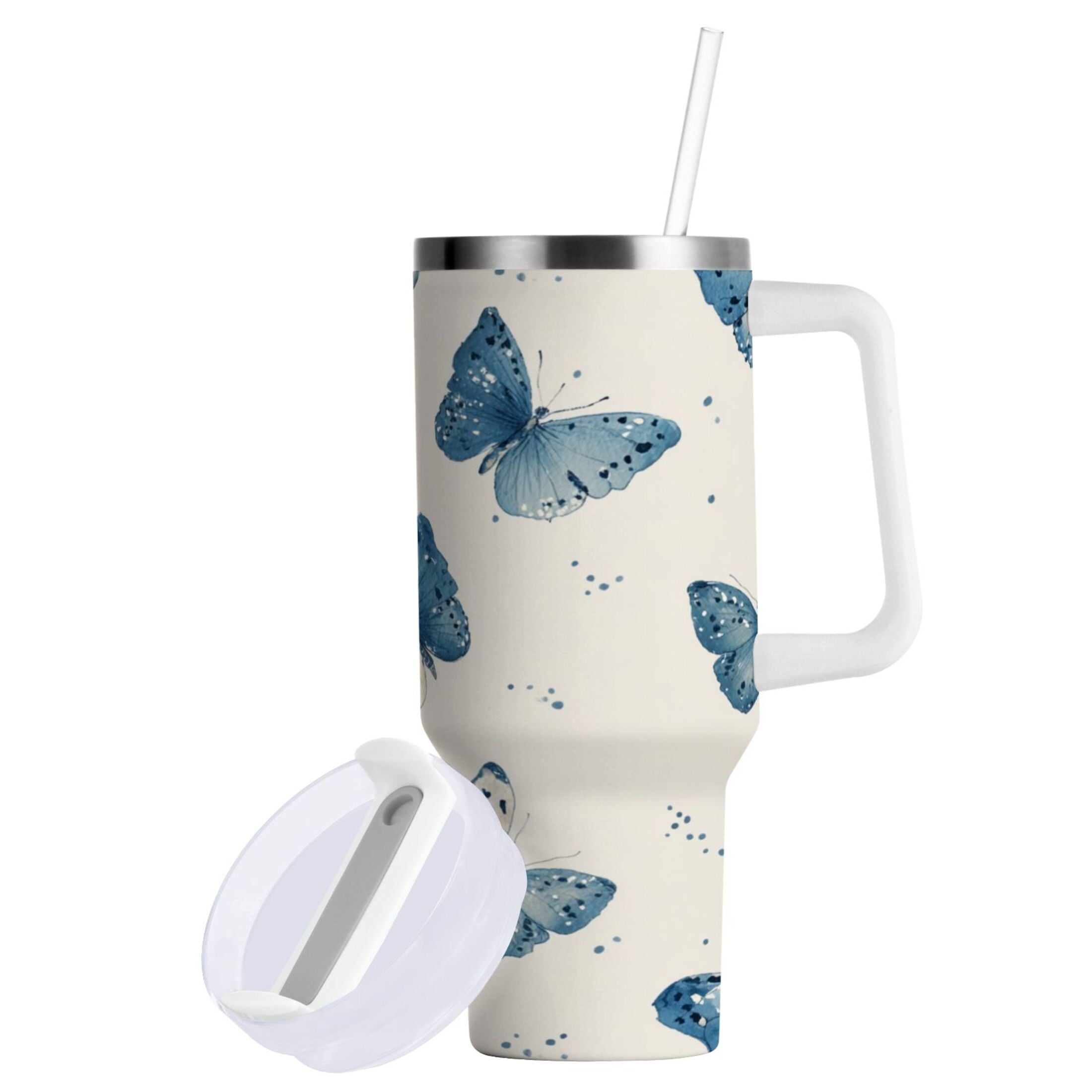 30 oz Insulated Stainless Steel Tumbler Double Wall Stainless Steel Tumbler with 2-Way Drinking Blue Watercolor Butterflies 5KFT