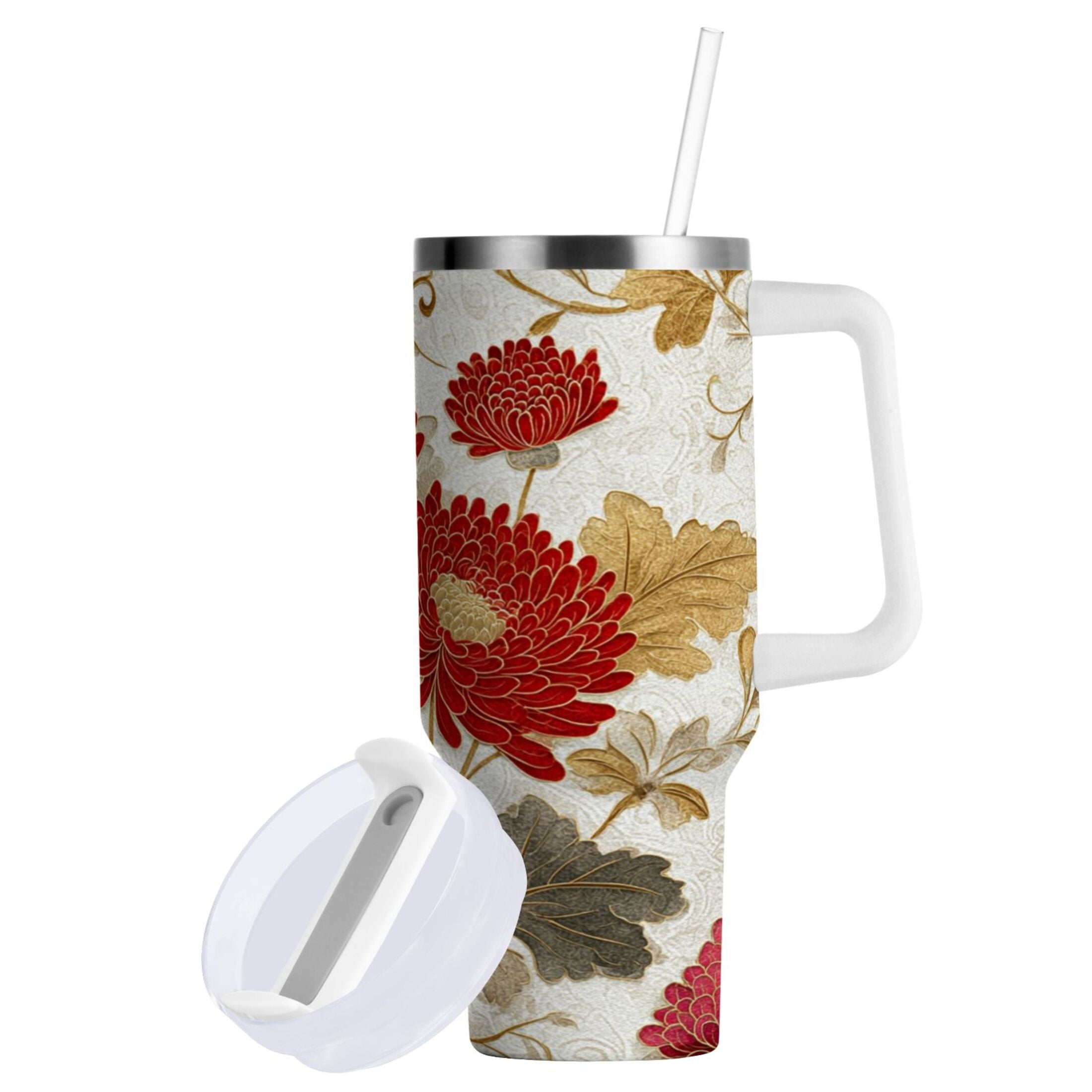 30 oz Insulated Stainless Steel Tumbler Double Wall Stainless Steel Tumbler with 2-Way Drinking Red Chrysanthemum Pattern R1OZ