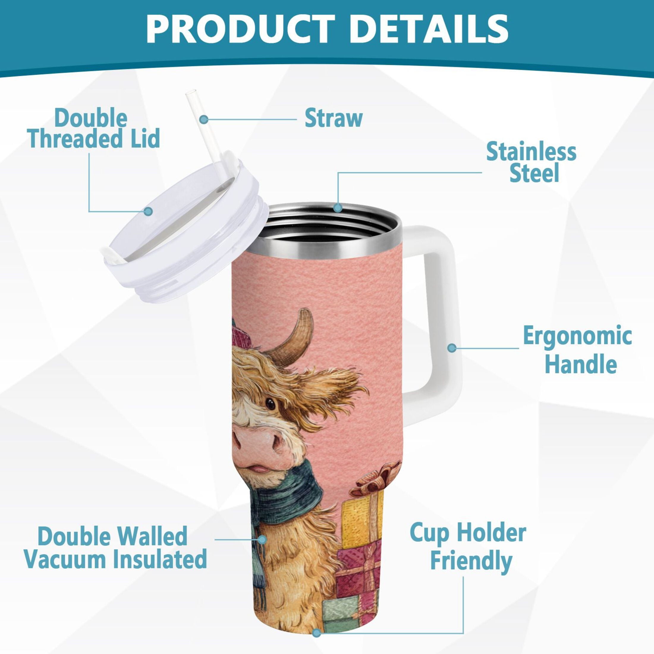 30 oz Insulated Stainless Steel Tumbler Double Wall Stainless Steel Tumbler with 2-Way Drinking Cow Wearing Scarf and Hat IYJ0