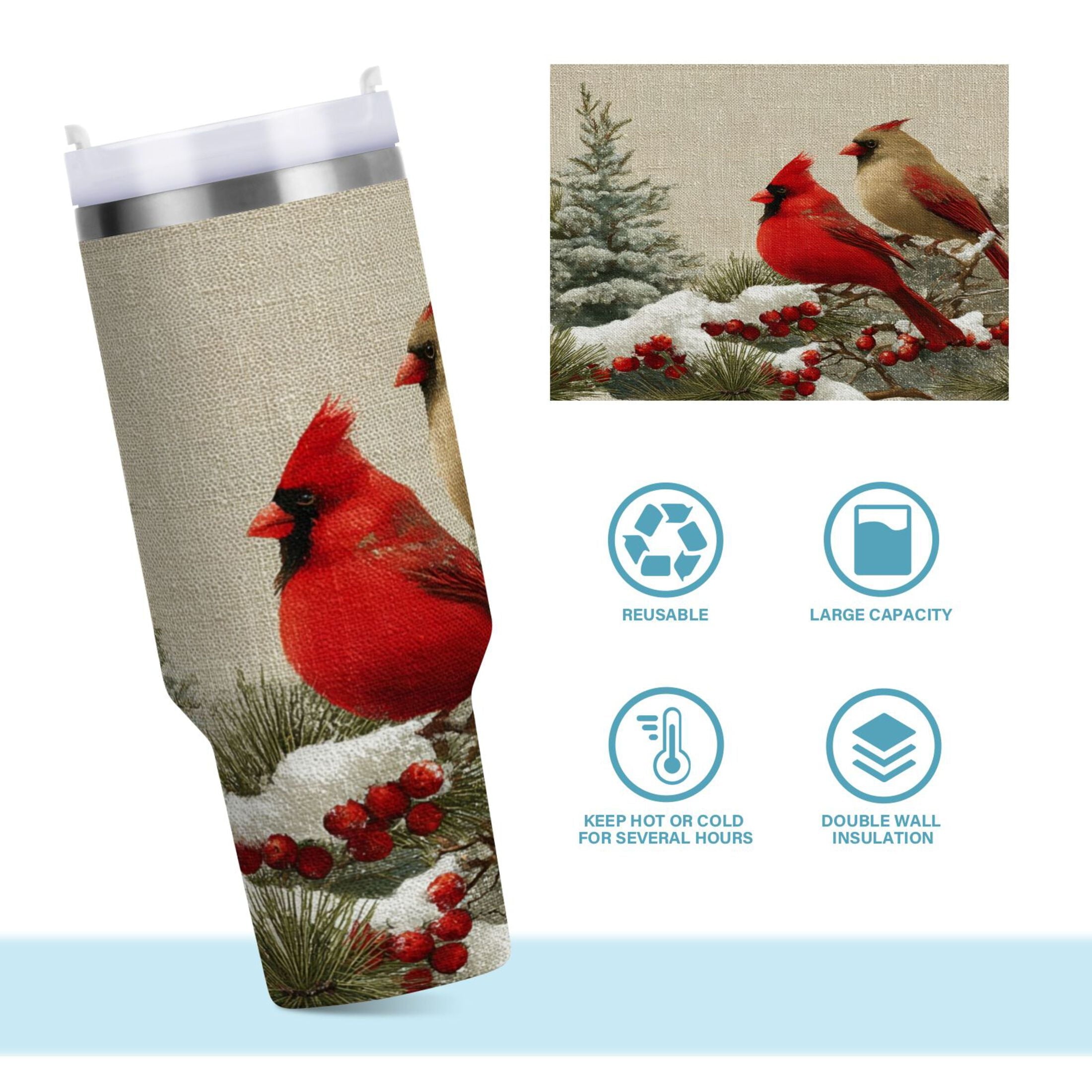 30 oz Insulated Stainless Steel Tumbler Double Wall Stainless Steel Tumbler with 2-Way Drinking Bird and Snow-covered Trees CZUM