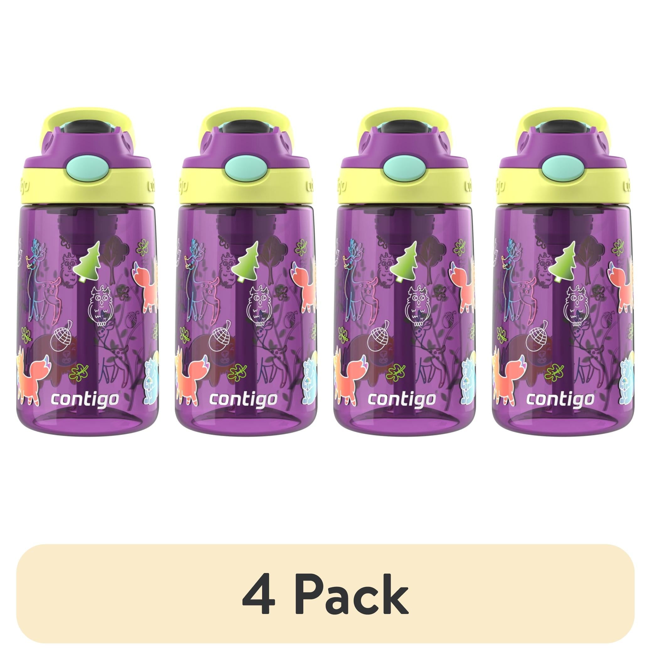 (4 pack) Contigo Kids Water Bottle with Redesigned AUTOSPOUT Straw, 14 oz, Grape Forest Haven 6GXT