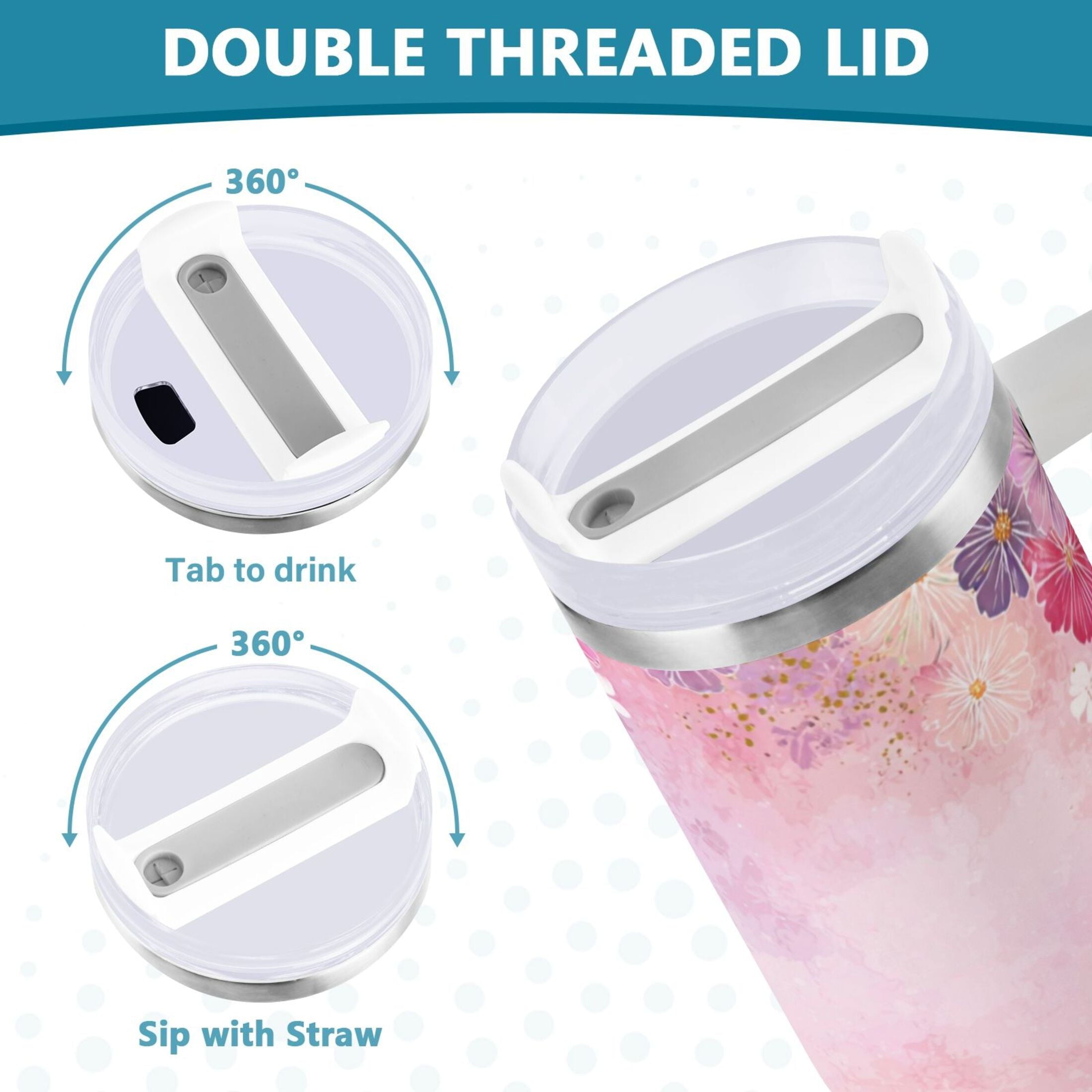 30 oz Insulated Stainless Steel Tumbler Double Wall Stainless Steel Tumbler with 2-Way Drinking Colorful Pastel Floral Pattern 9DI1