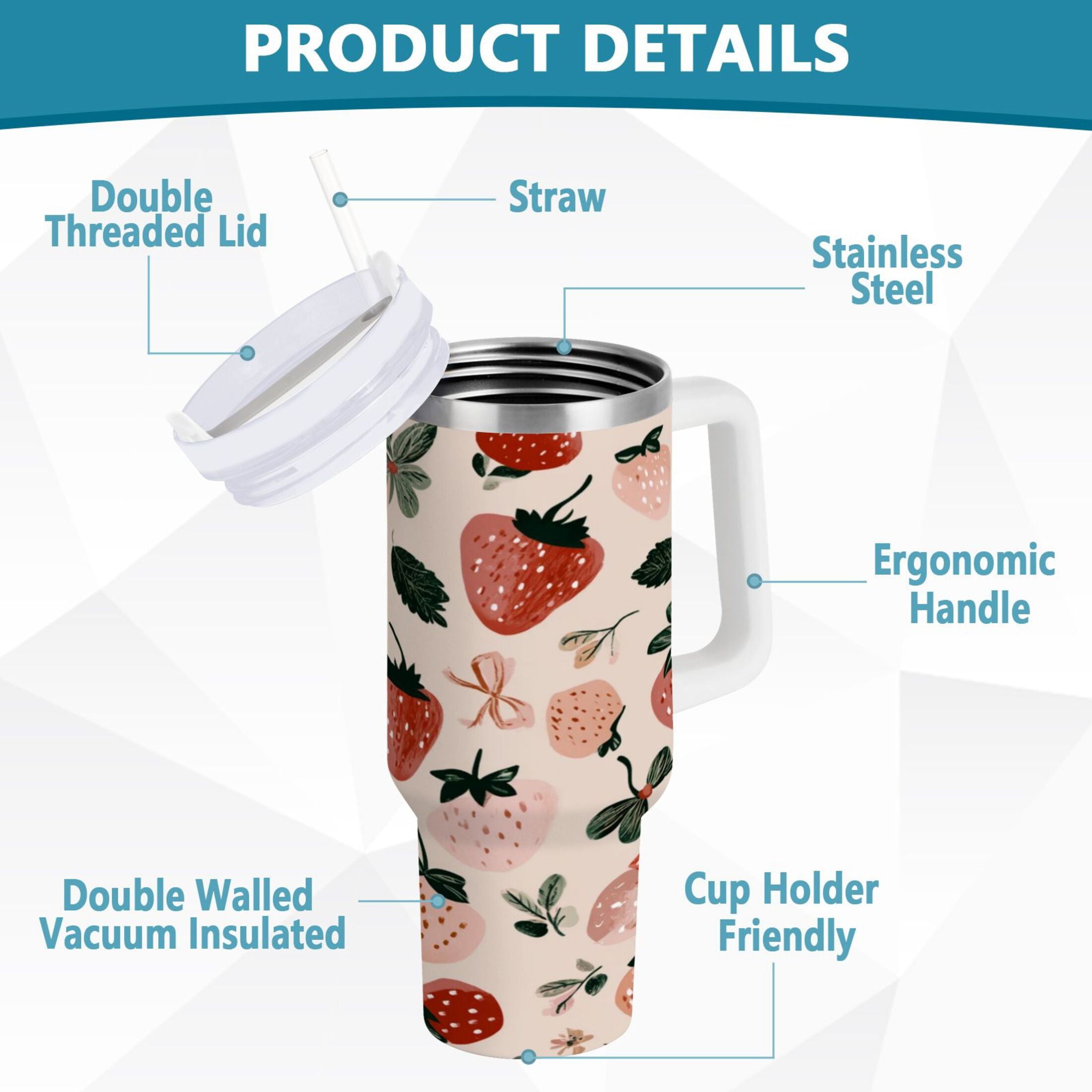 30 oz Insulated Stainless Steel Tumbler Double Wall Stainless Steel Tumbler with 2-Way Drinking Cute Pinks Strawberries 6O6J