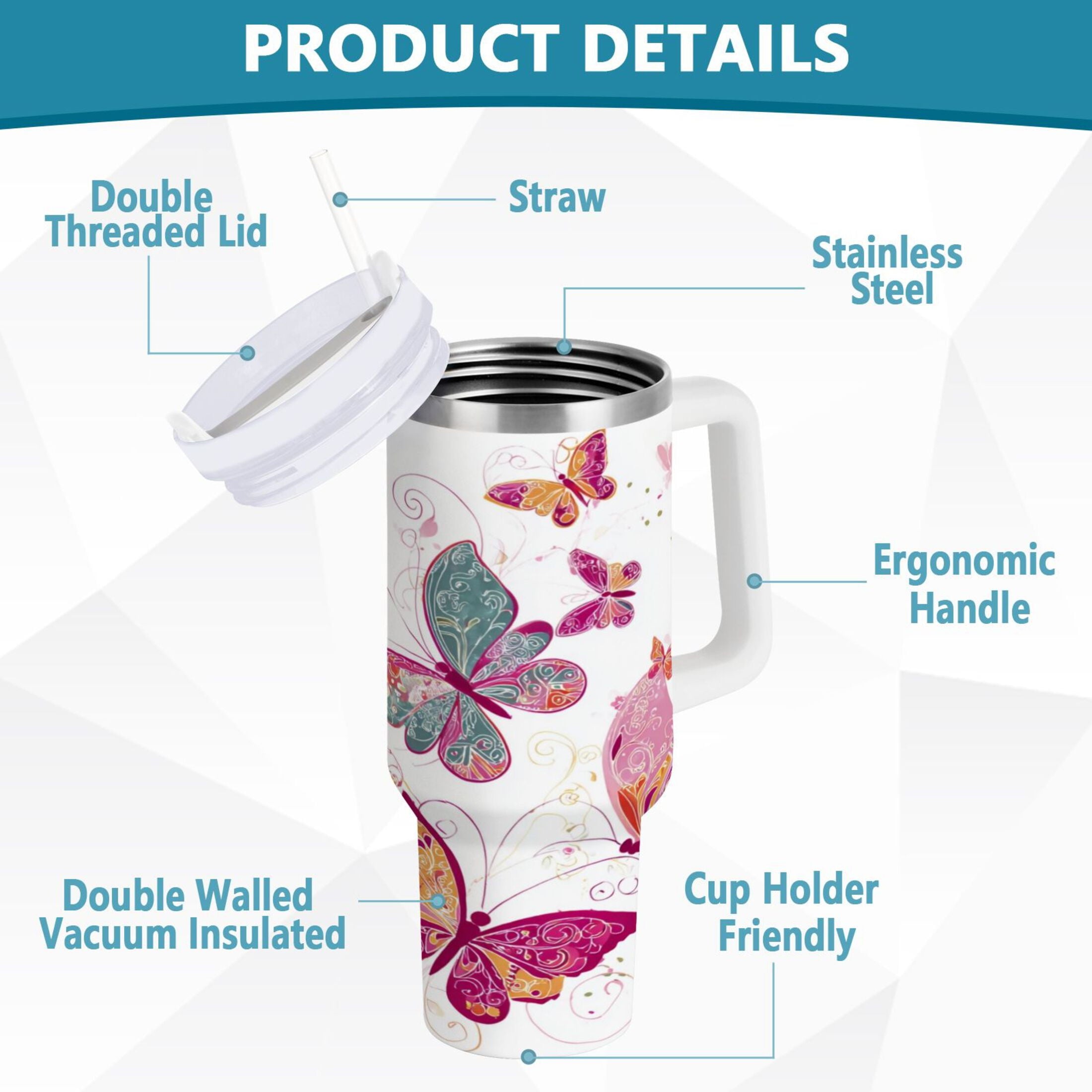 30 oz Insulated Stainless Steel Tumbler Double Wall Stainless Steel Tumbler with 2-Way Drinking Colorful Butterflies IF9M