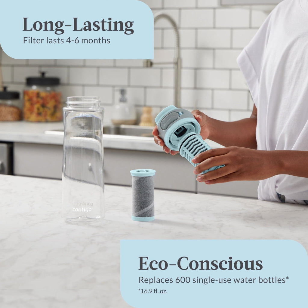 (2 pack) Contigo Clybourn Plastic FreeFlow Filter Water Bottle with AUTOSEAL Lid 24 oz., Salt, with Replacable Filter 4PBL