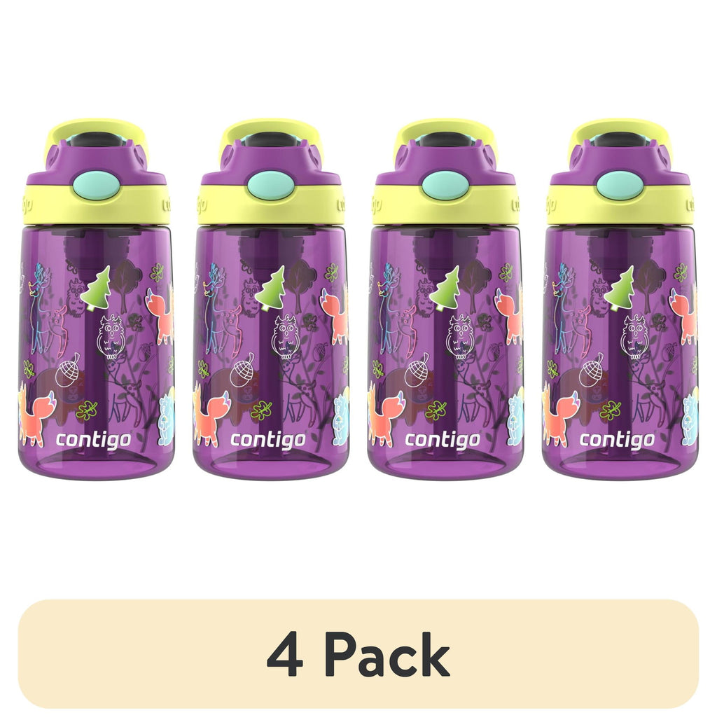 (4 pack) Contigo Kids Water Bottle with Redesigned AUTOSPOUT Straw, 14 oz, Grape Forest Haven 6GXT