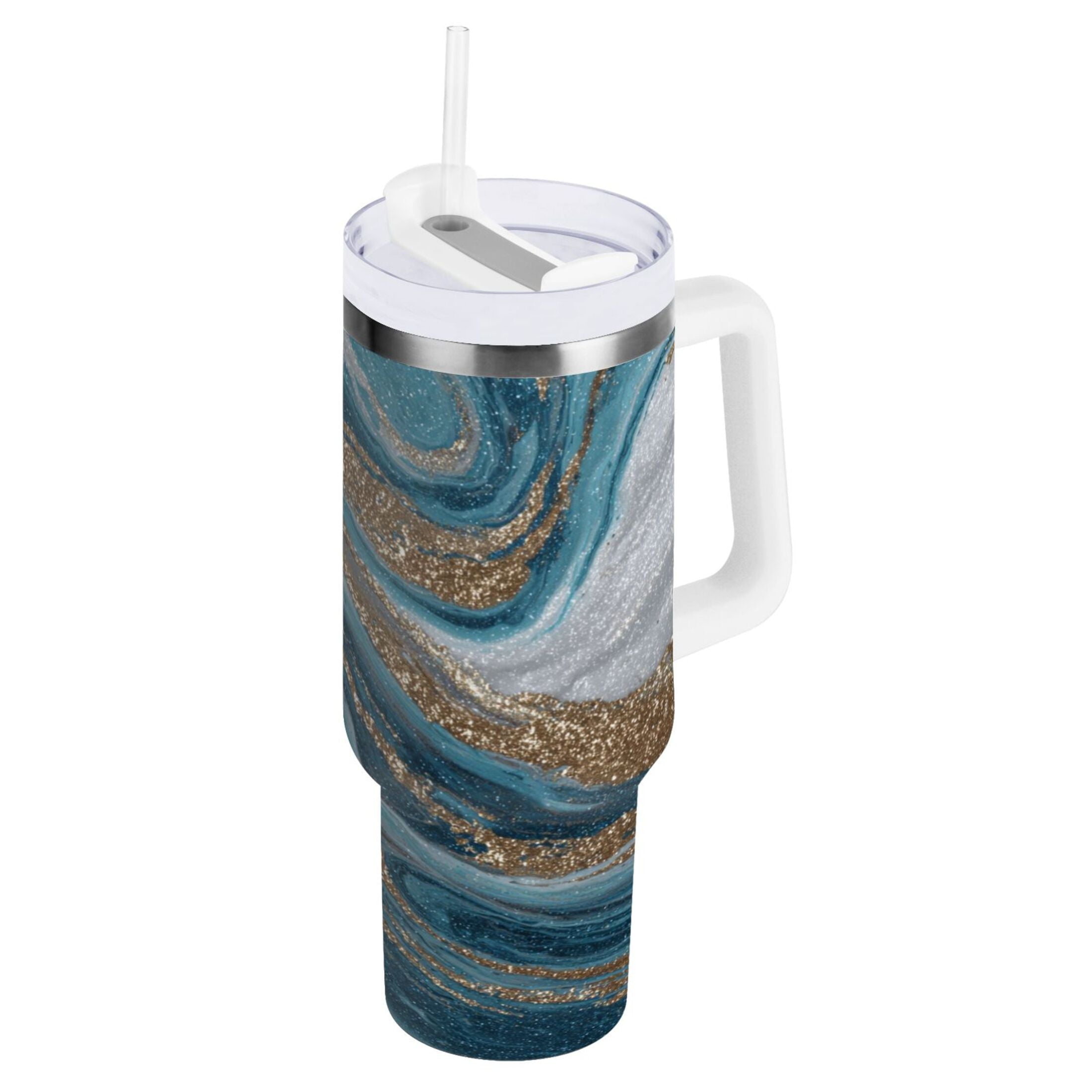30 oz Insulated Stainless Steel Tumbler Double Wall Stainless Steel Tumbler with 2-Way Drinking Blue and Gold Swirling 1HW0