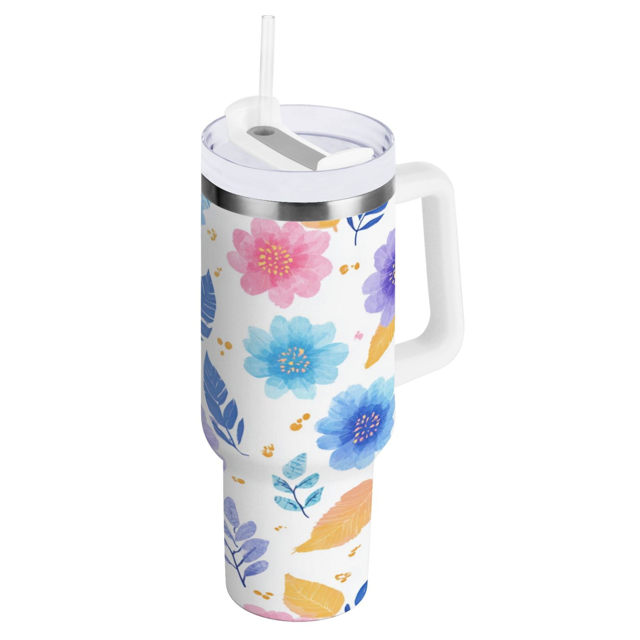 30 oz Insulated Stainless Steel Tumbler Double Wall Stainless Steel Tumbler with 2-Way Drinking Blue and Purple Flowers IHD9