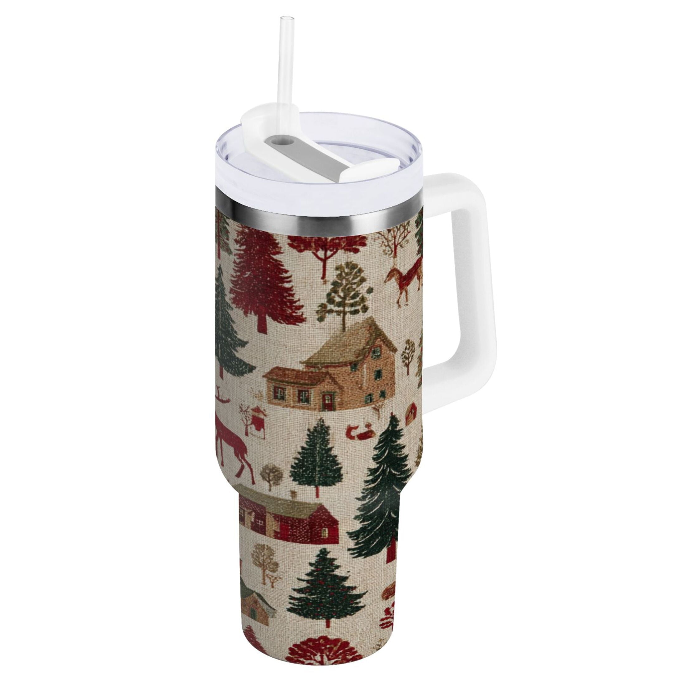 30 oz Insulated Stainless Steel Tumbler Double Wall Stainless Steel Tumbler with 2-Way Drinking Christmas Trees Deer and Houses FXXO