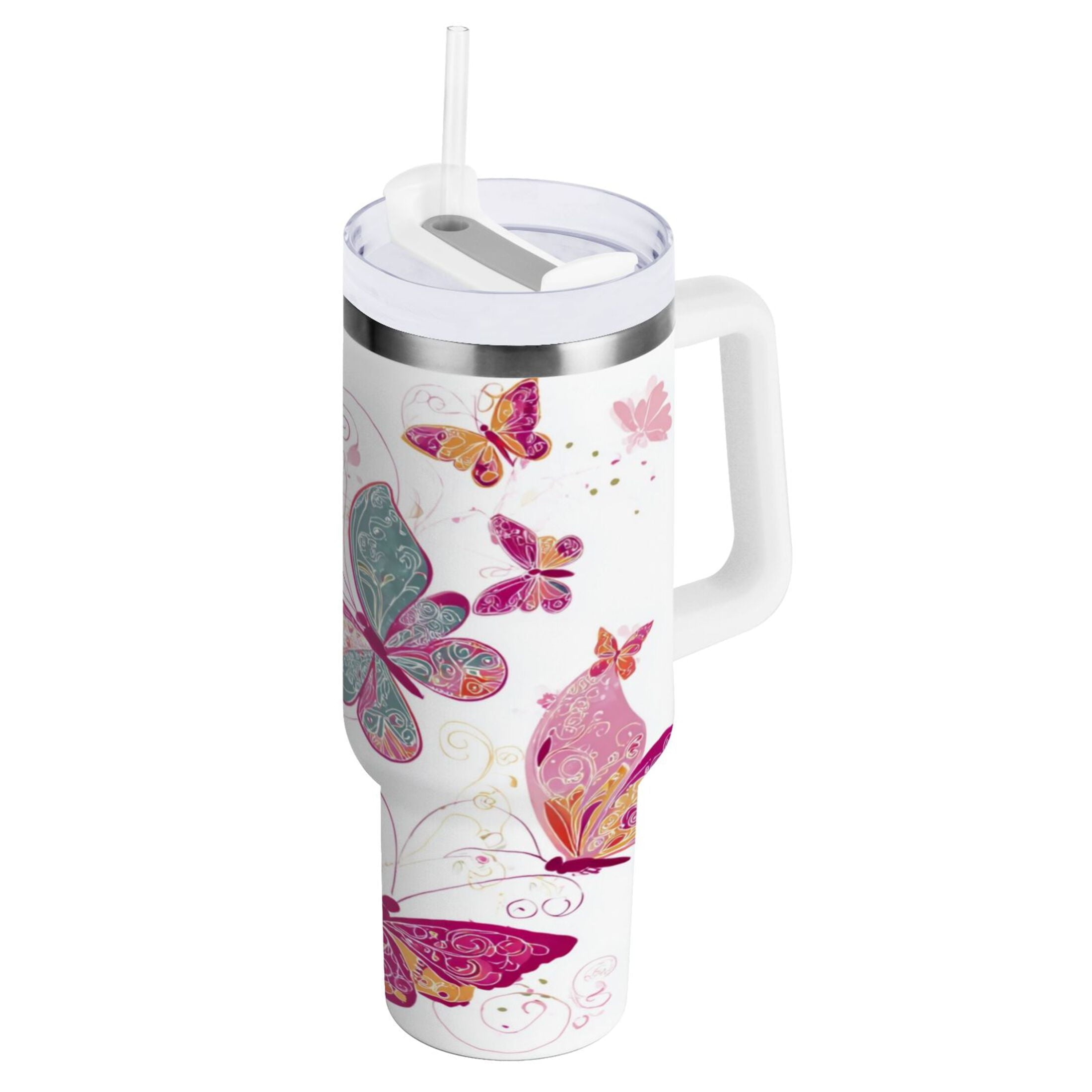 30 oz Insulated Stainless Steel Tumbler Double Wall Stainless Steel Tumbler with 2-Way Drinking Colorful Butterflies IF9M