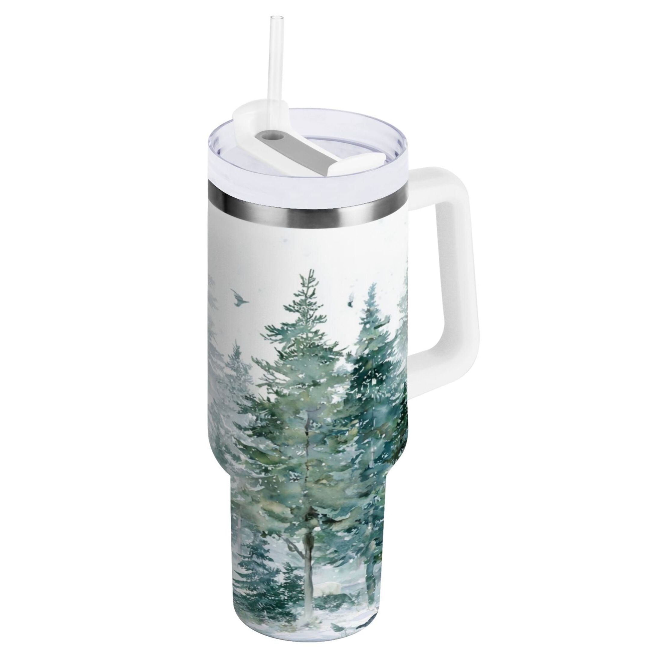 30 oz Insulated Stainless Steel Tumbler Double Wall Stainless Steel Tumbler with 2-Way Drinking Green Snowy Forest Scene PMJY
