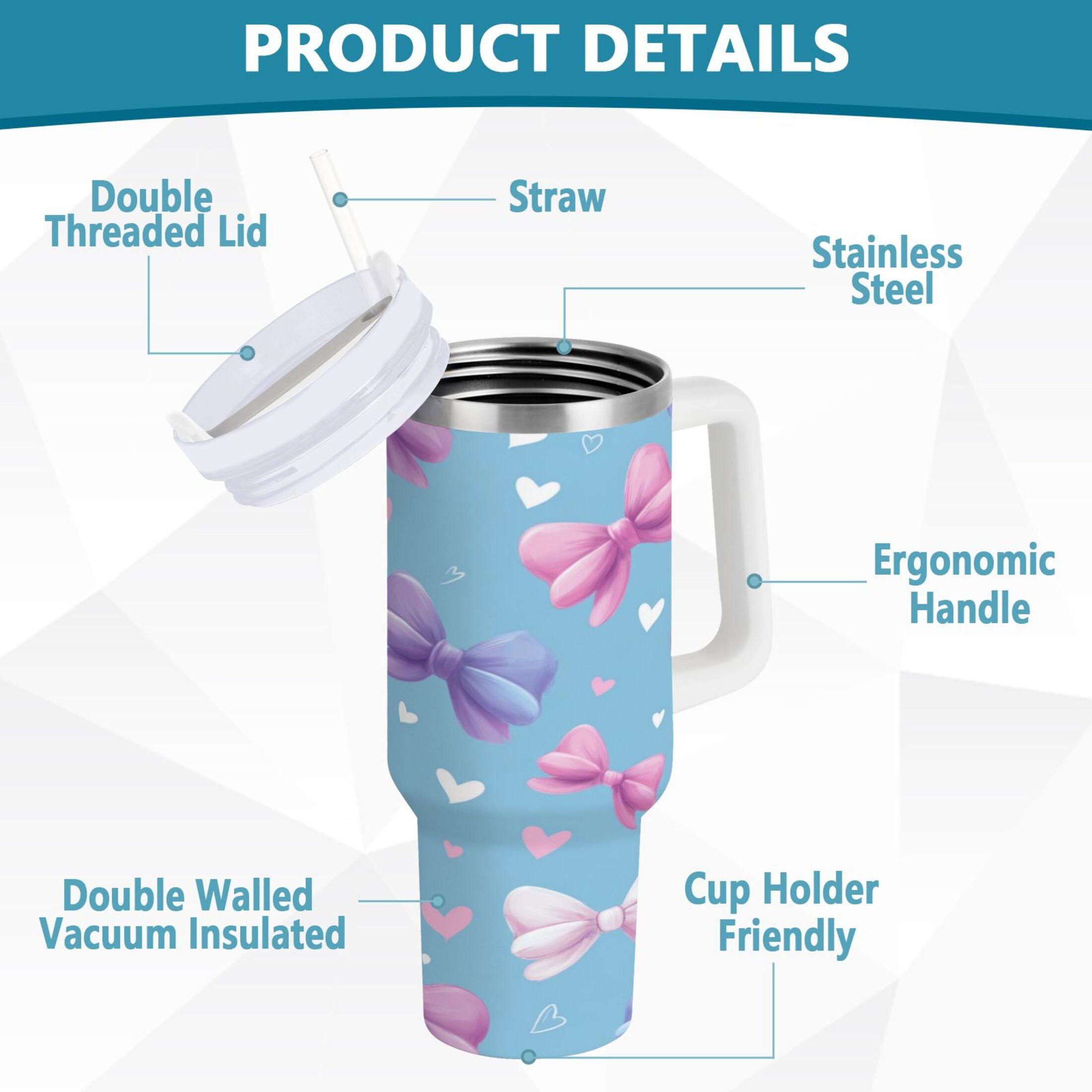 30 oz Insulated Stainless Steel Tumbler Double Wall Stainless Steel Tumbler with 2-Way Drinking Pink and Purple Bows NW8L