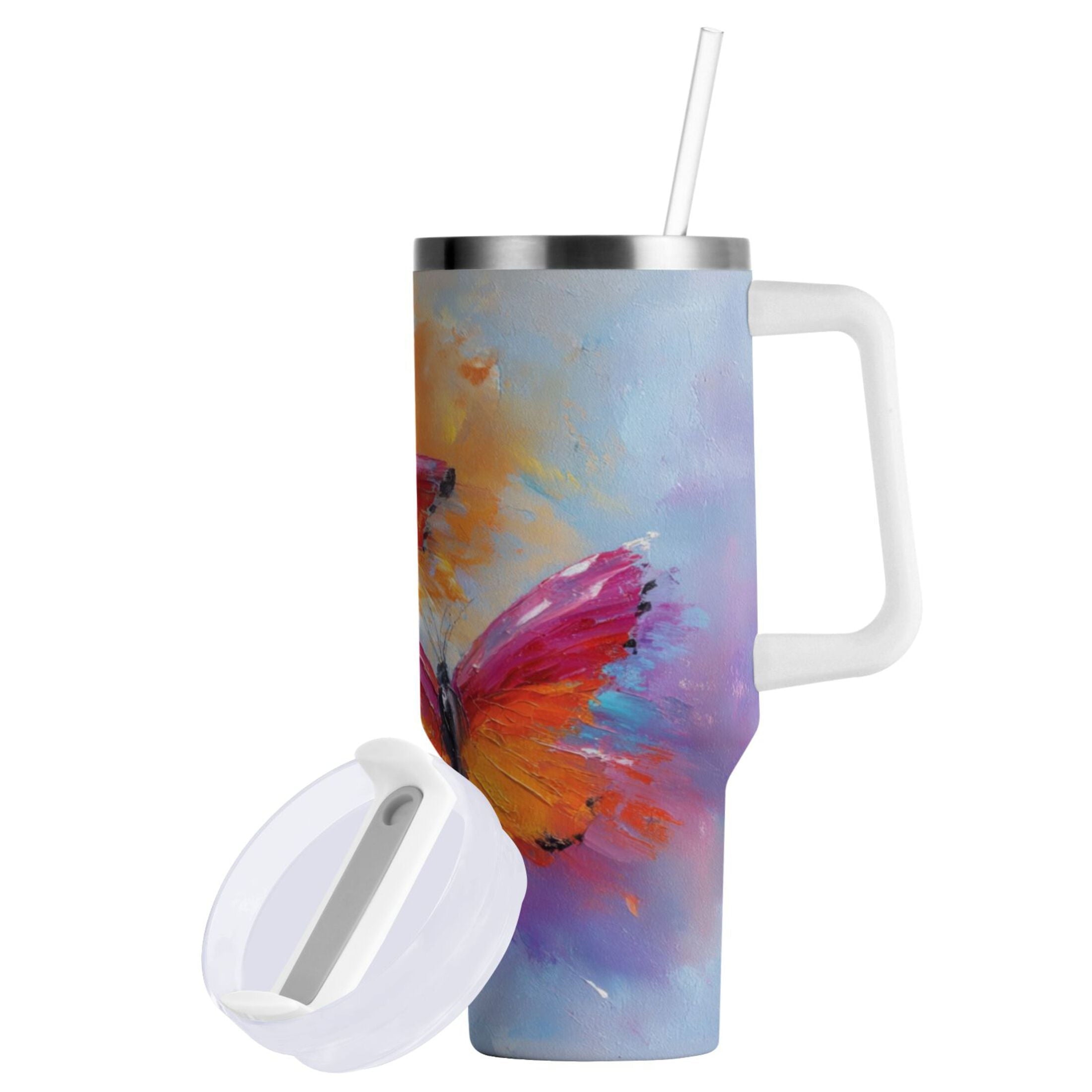 30 oz Insulated Stainless Steel Tumbler Double Wall Stainless Steel Tumbler with 2-Way Drinking Red and Orange Butterflies 4MKQ