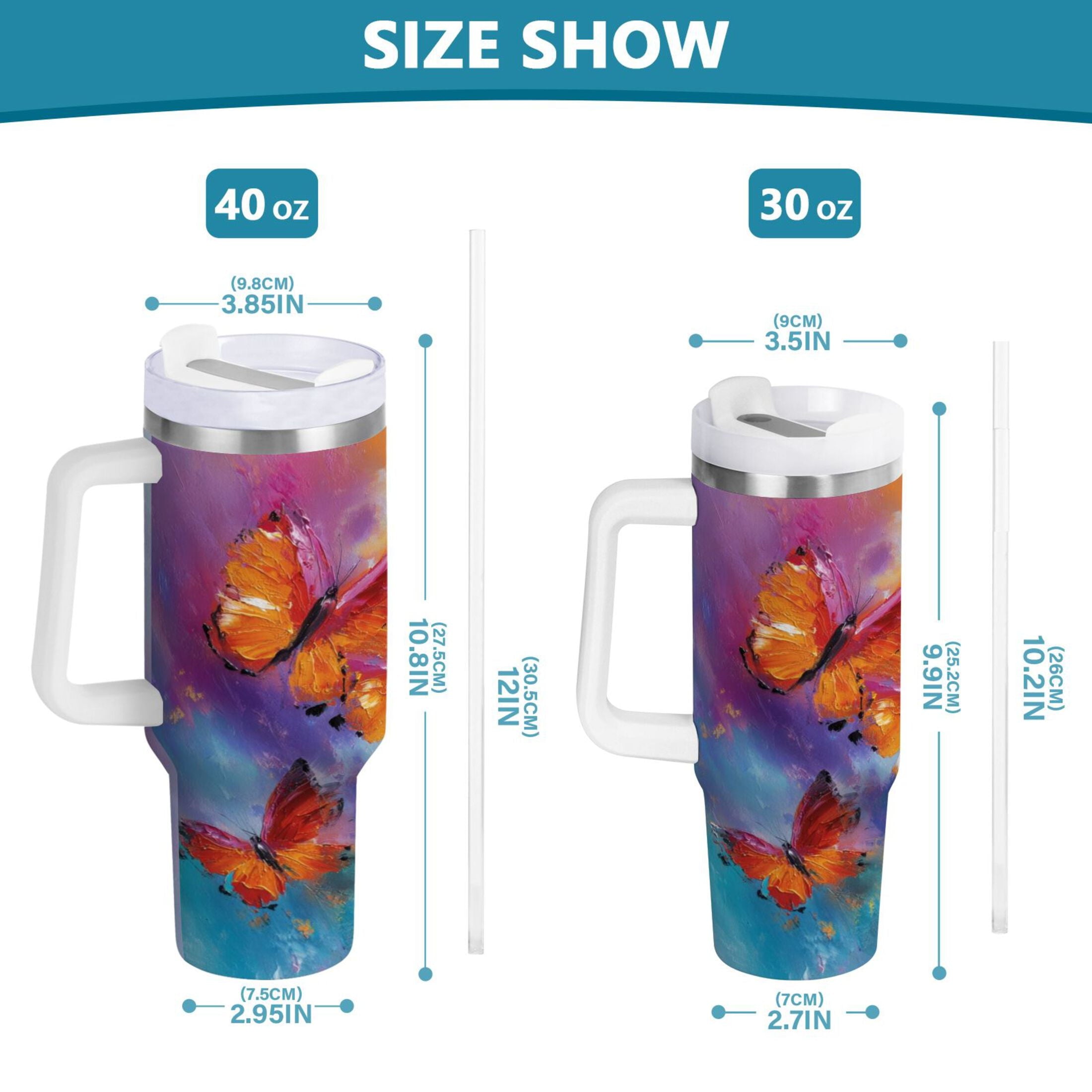 30 oz Insulated Stainless Steel Tumbler Double Wall Stainless Steel Tumbler with 2-Way Drinking Red and Orange Butterflies 4MKQ