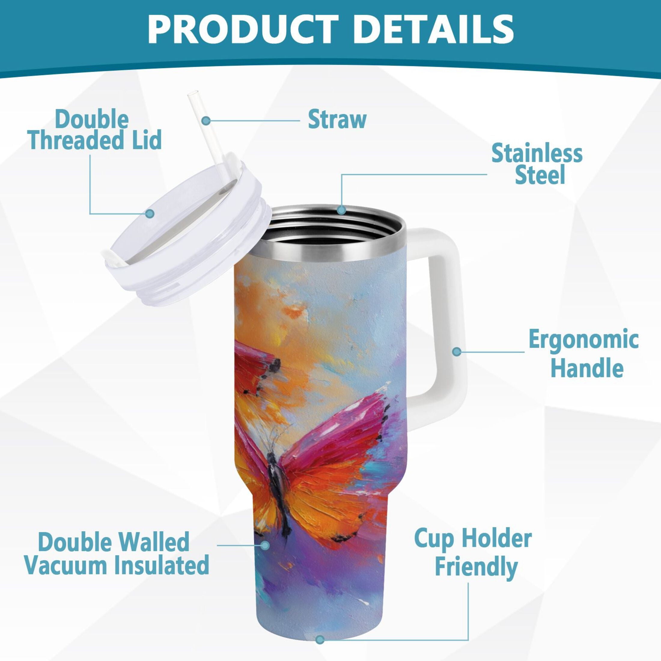 30 oz Insulated Stainless Steel Tumbler Double Wall Stainless Steel Tumbler with 2-Way Drinking Red and Orange Butterflies 4MKQ