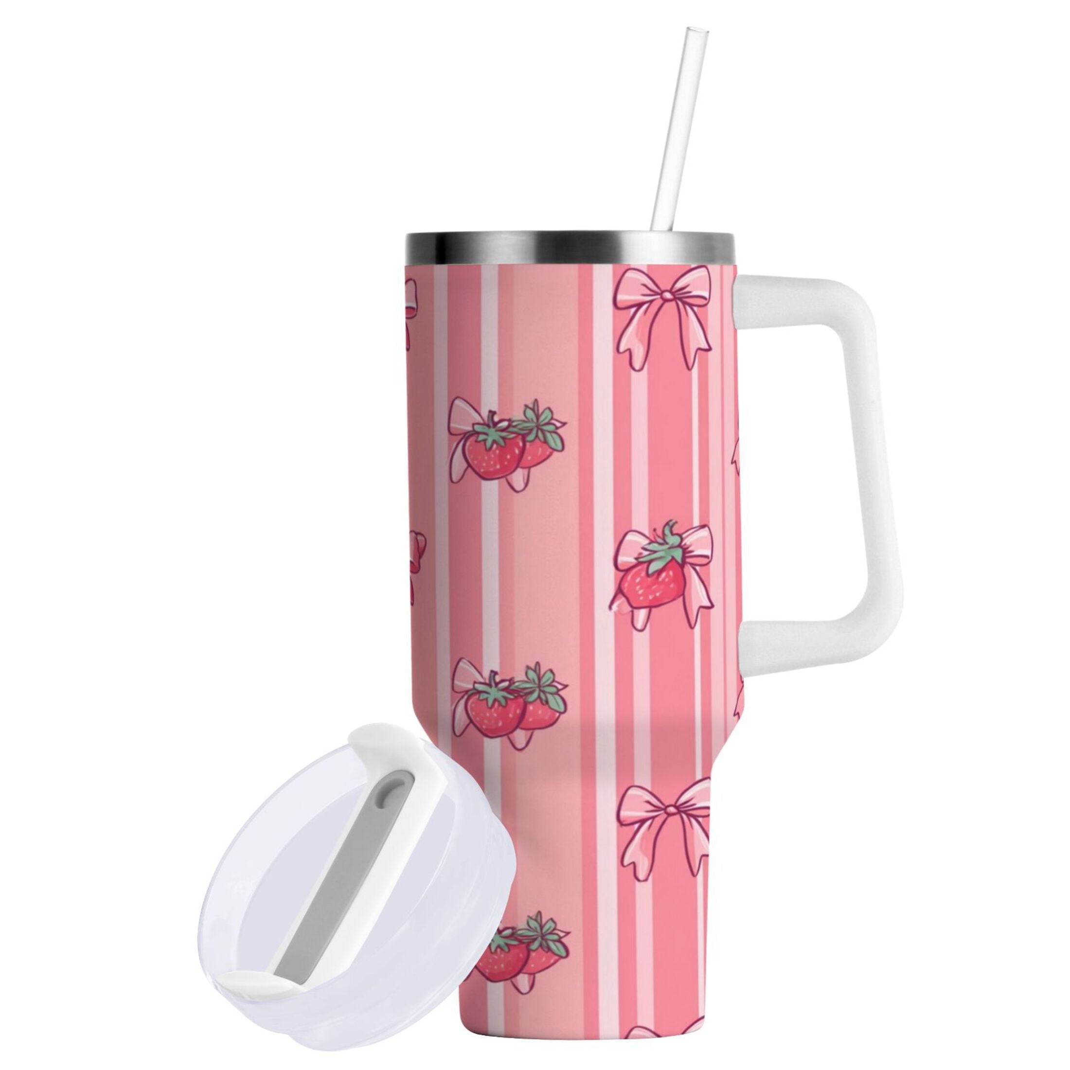 30 oz Insulated Stainless Steel Tumbler Double Wall Stainless Steel Tumbler with 2-Way Drinking Pink Bows and Strawberries AFBT