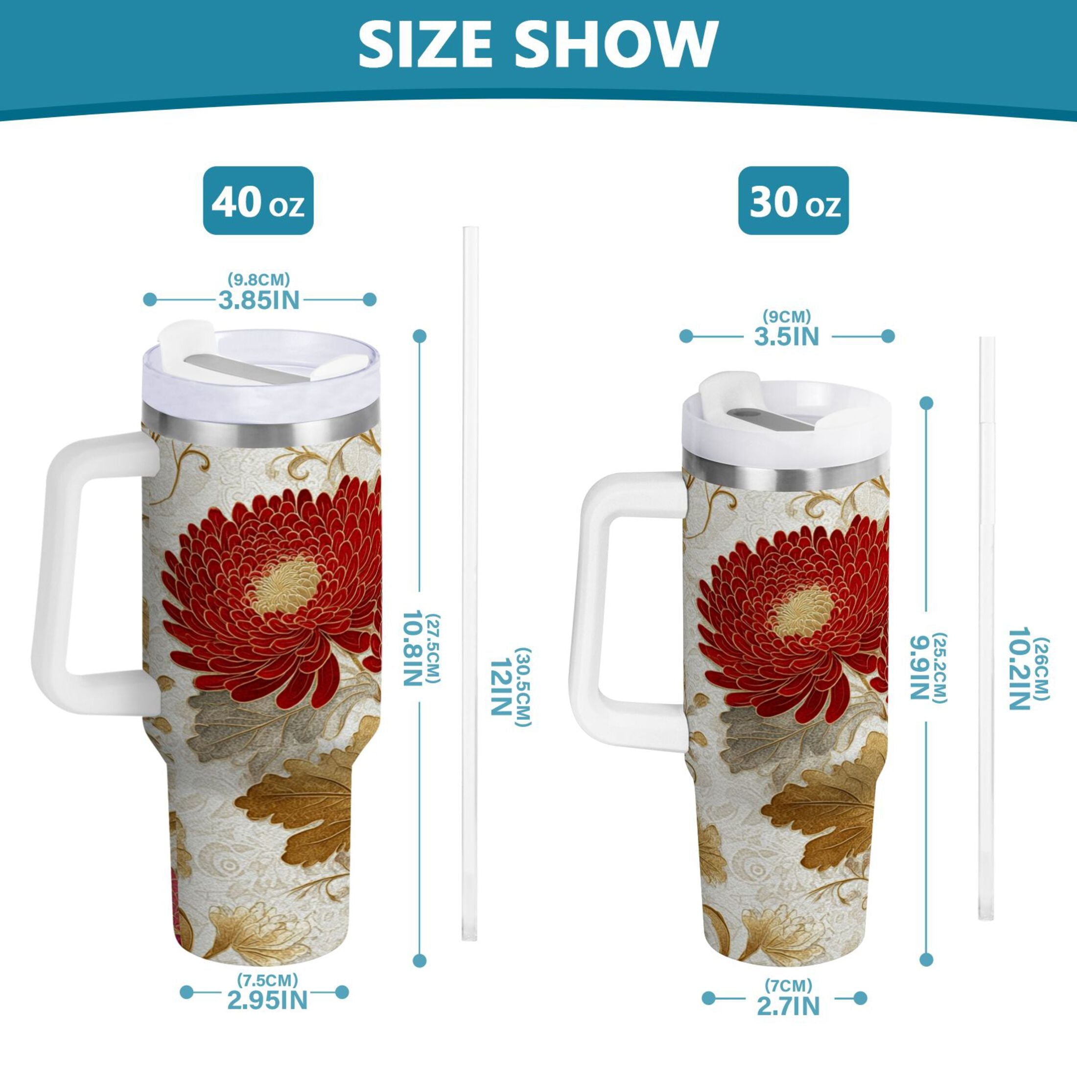 30 oz Insulated Stainless Steel Tumbler Double Wall Stainless Steel Tumbler with 2-Way Drinking Red Chrysanthemum Pattern R1OZ