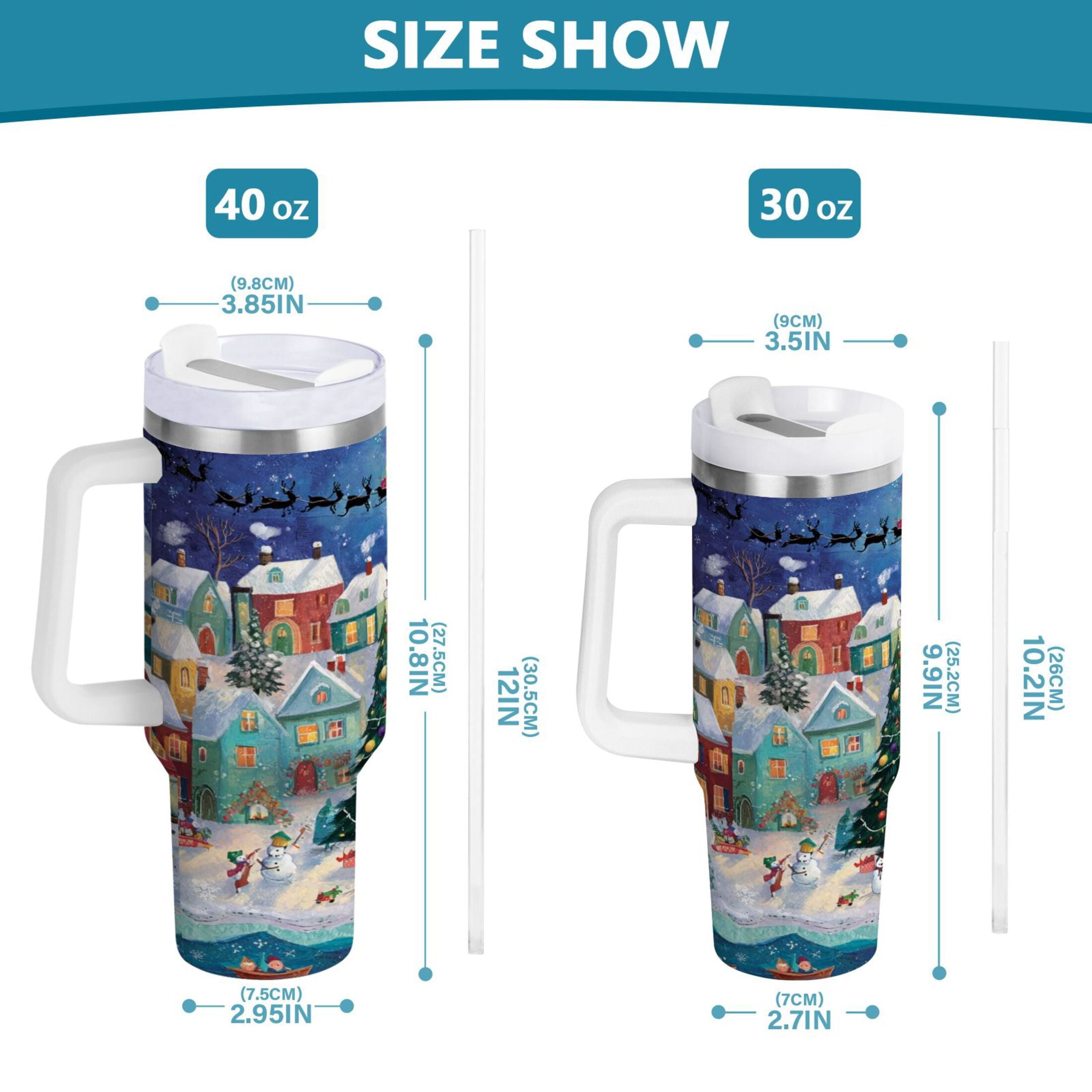 30 oz Insulated Stainless Steel Tumbler Double Wall Stainless Steel Tumbler with 2-Way Drinking Charming Christmas Scene RUU3