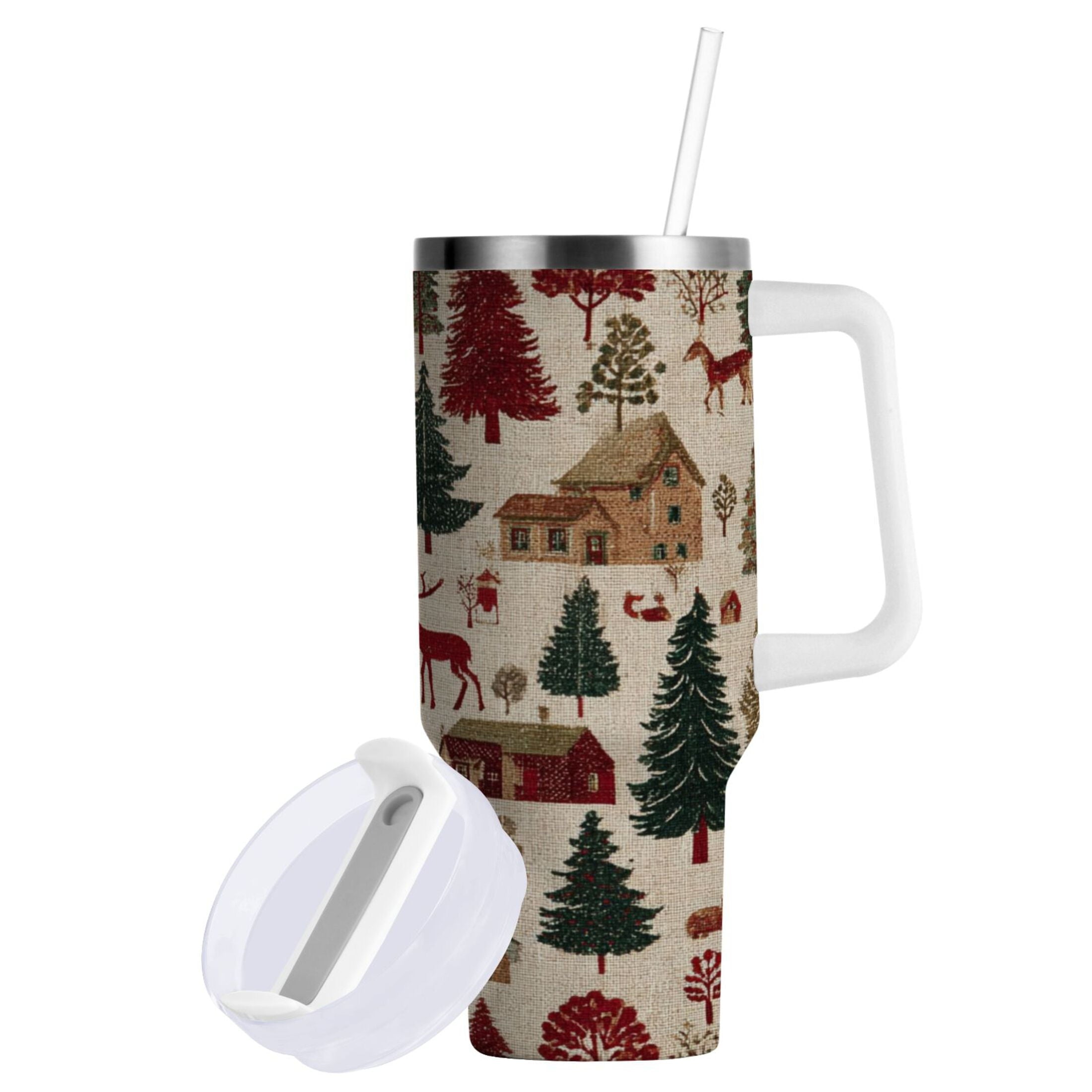 30 oz Insulated Stainless Steel Tumbler Double Wall Stainless Steel Tumbler with 2-Way Drinking Christmas Trees Deer and Houses FXXO