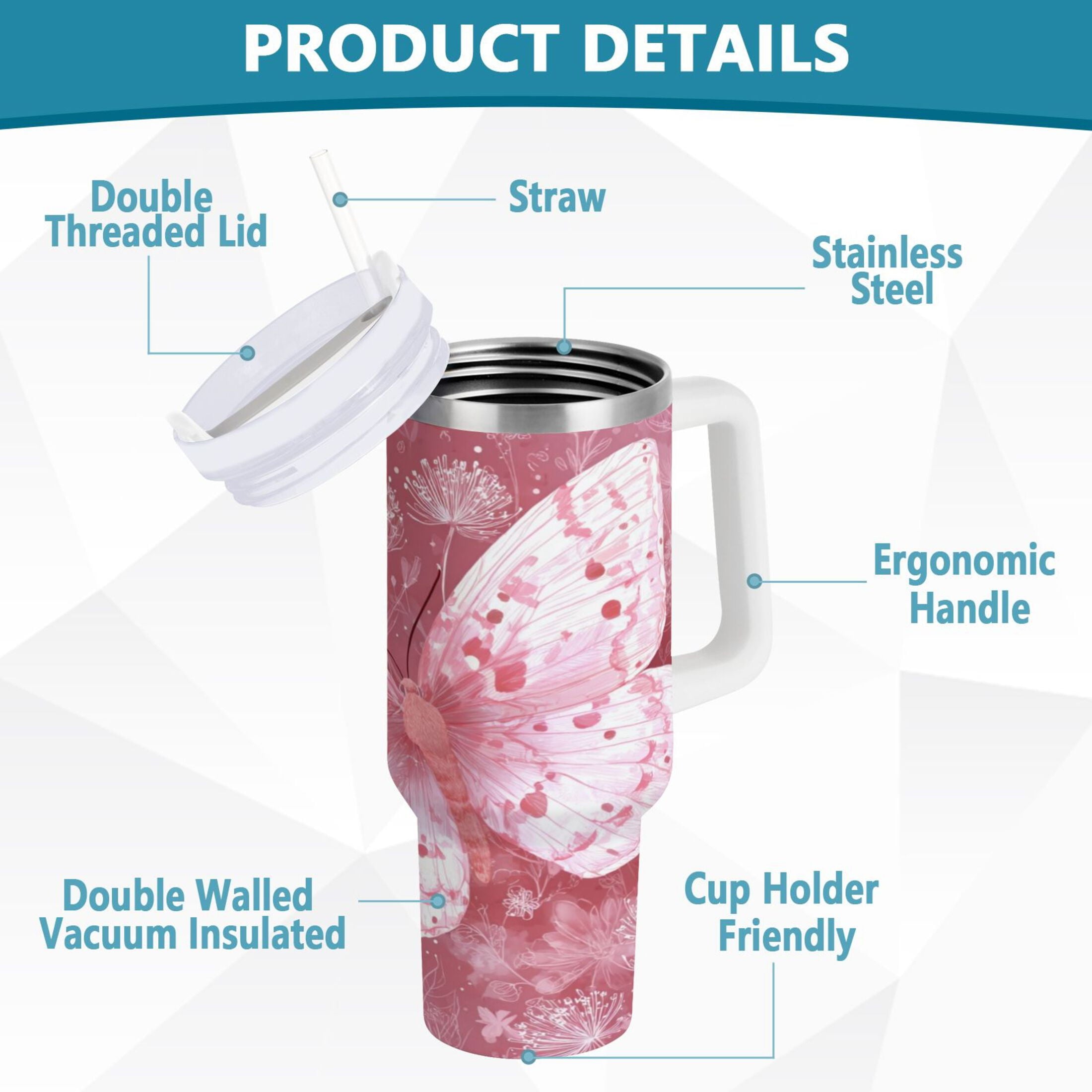 30 oz Insulated Stainless Steel Tumbler Double Wall Stainless Steel Tumbler with 2-Way Drinking Soft Pink Butterfly F6BY