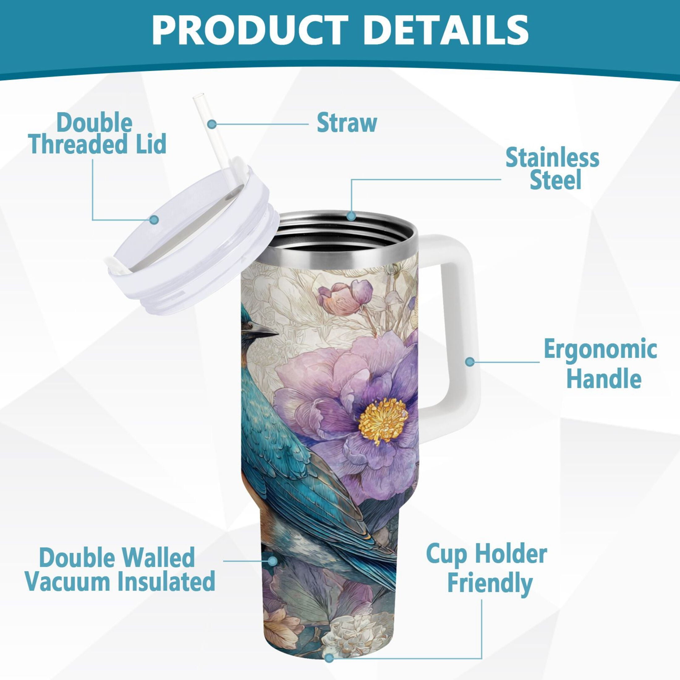 30 oz Insulated Stainless Steel Tumbler Double Wall Stainless Steel Tumbler with 2-Way Drinking Bluebird and Flower 0R2N