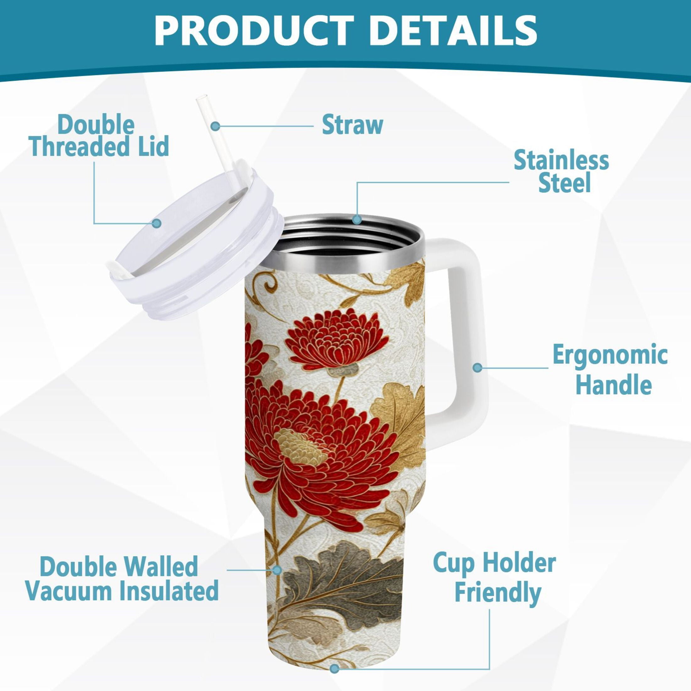 30 oz Insulated Stainless Steel Tumbler Double Wall Stainless Steel Tumbler with 2-Way Drinking Red Chrysanthemum Pattern R1OZ