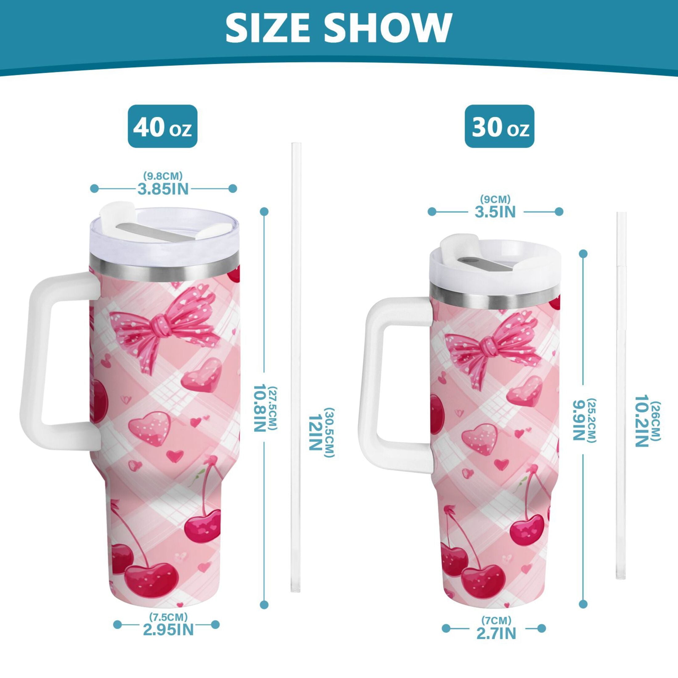 30 oz Insulated Stainless Steel Tumbler Double Wall Stainless Steel Tumbler with 2-Way Drinking Cherry and Pink Bow Pattern 9I0U