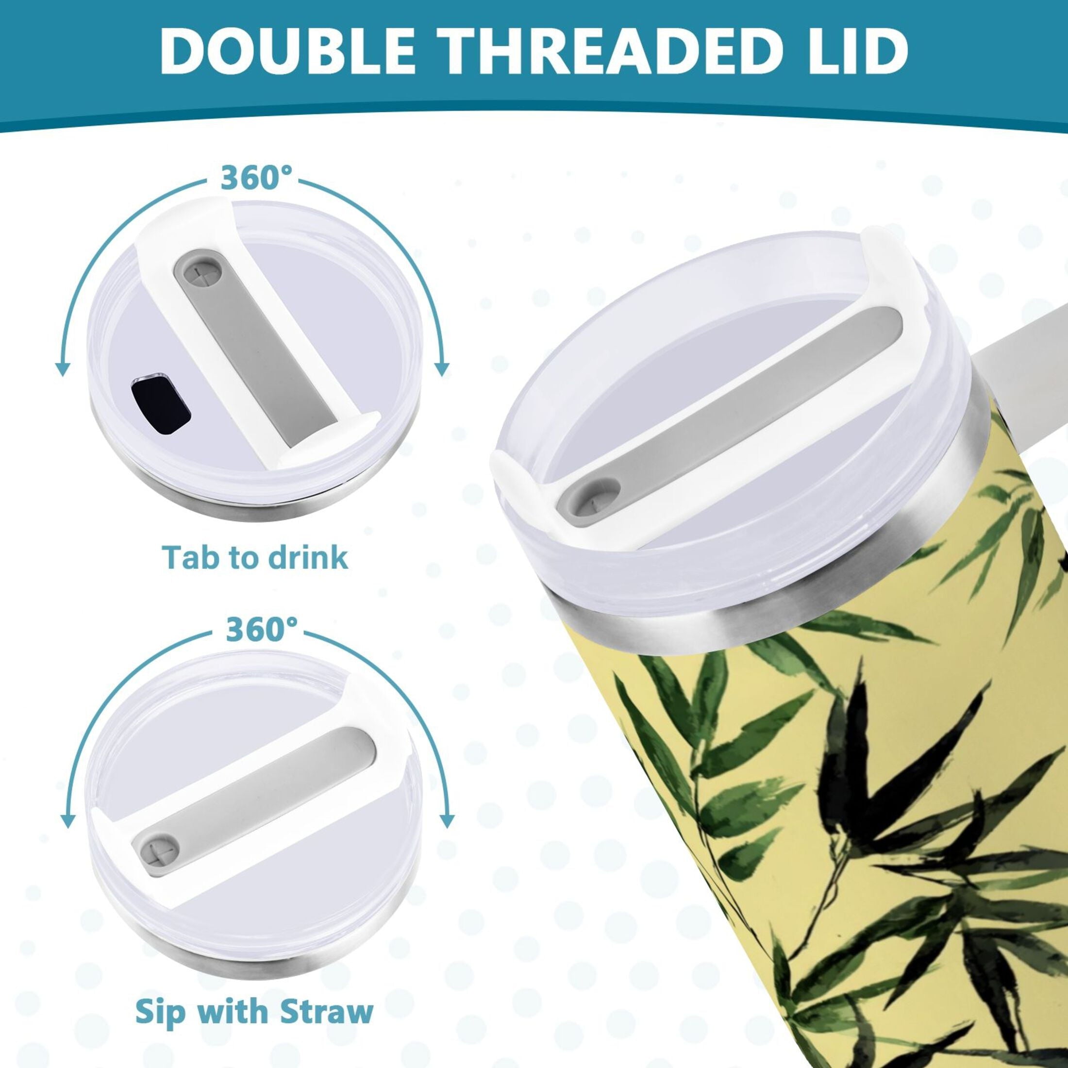 30 oz Insulated Stainless Steel Tumbler Double Wall Stainless Steel Tumbler with 2-Way Drinking Bamboo and Green Leaves 2EPZ