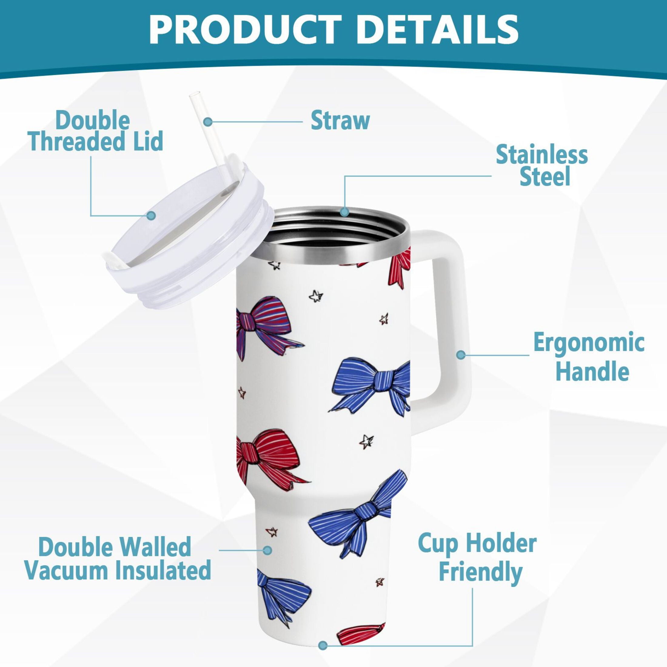 30 oz Insulated Stainless Steel Tumbler Double Wall Stainless Steel Tumbler with 2-Way Drinking Red and Blue Stripe Bows 7RZJ