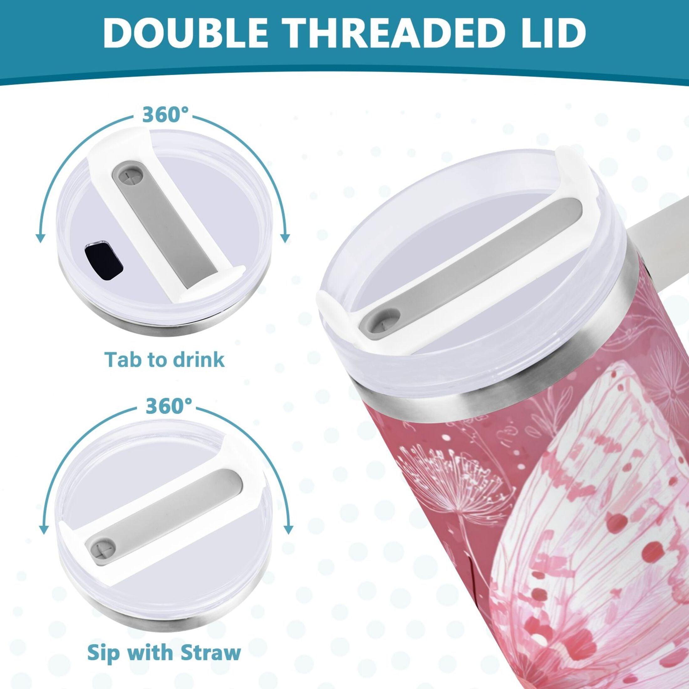 30 oz Insulated Stainless Steel Tumbler Double Wall Stainless Steel Tumbler with 2-Way Drinking Soft Pink Butterfly F6BY