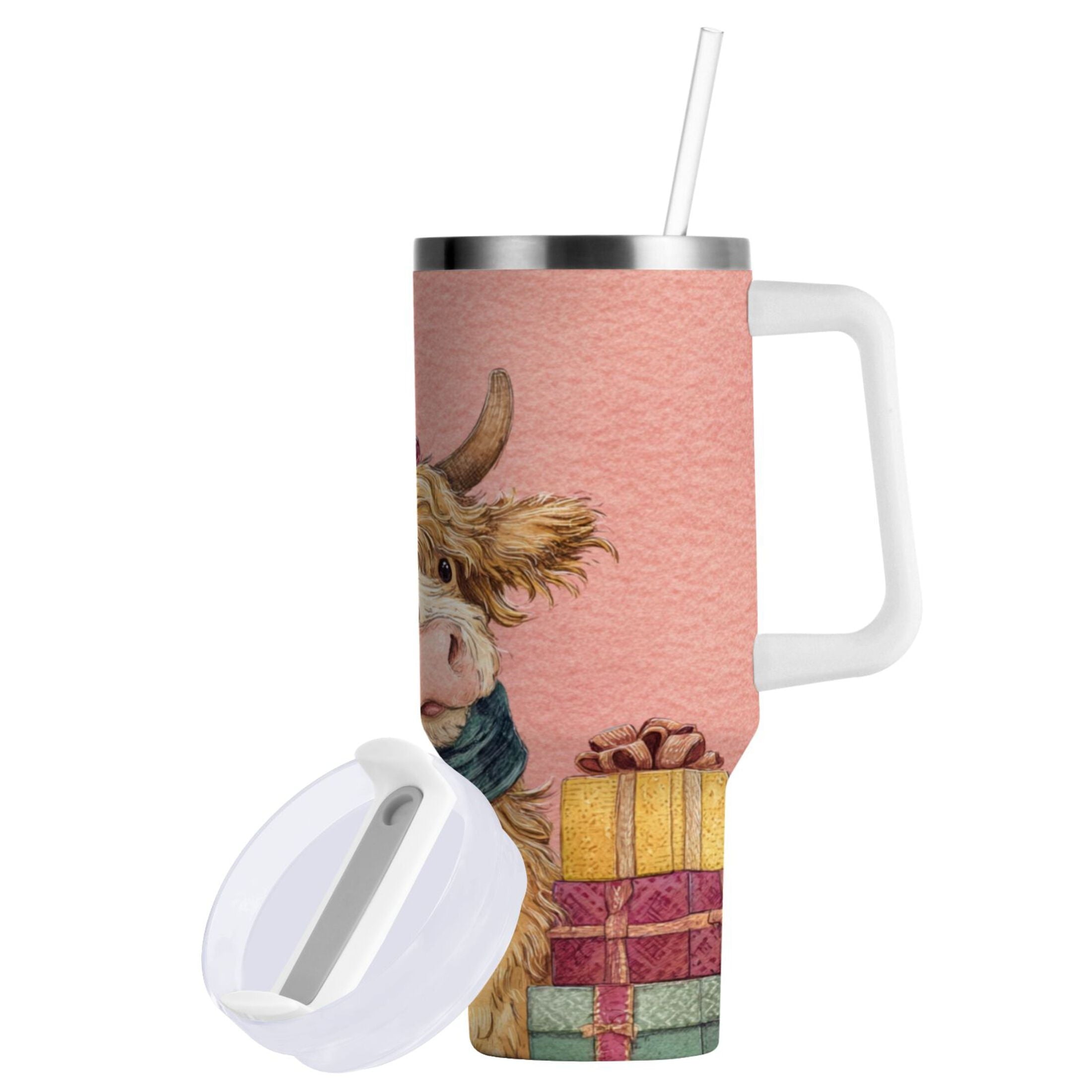 30 oz Insulated Stainless Steel Tumbler Double Wall Stainless Steel Tumbler with 2-Way Drinking Cow Wearing Scarf and Hat IYJ0
