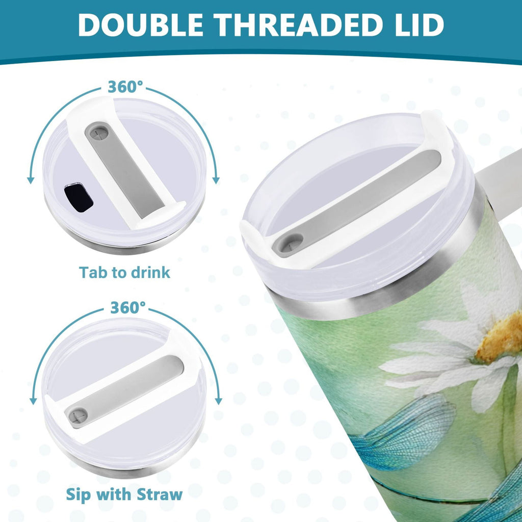 30 oz Insulated Stainless Steel Tumbler Double Wall Stainless Steel Tumbler with 2-Way Drinking Beautiful Dragonflies and Daisies SXTZ