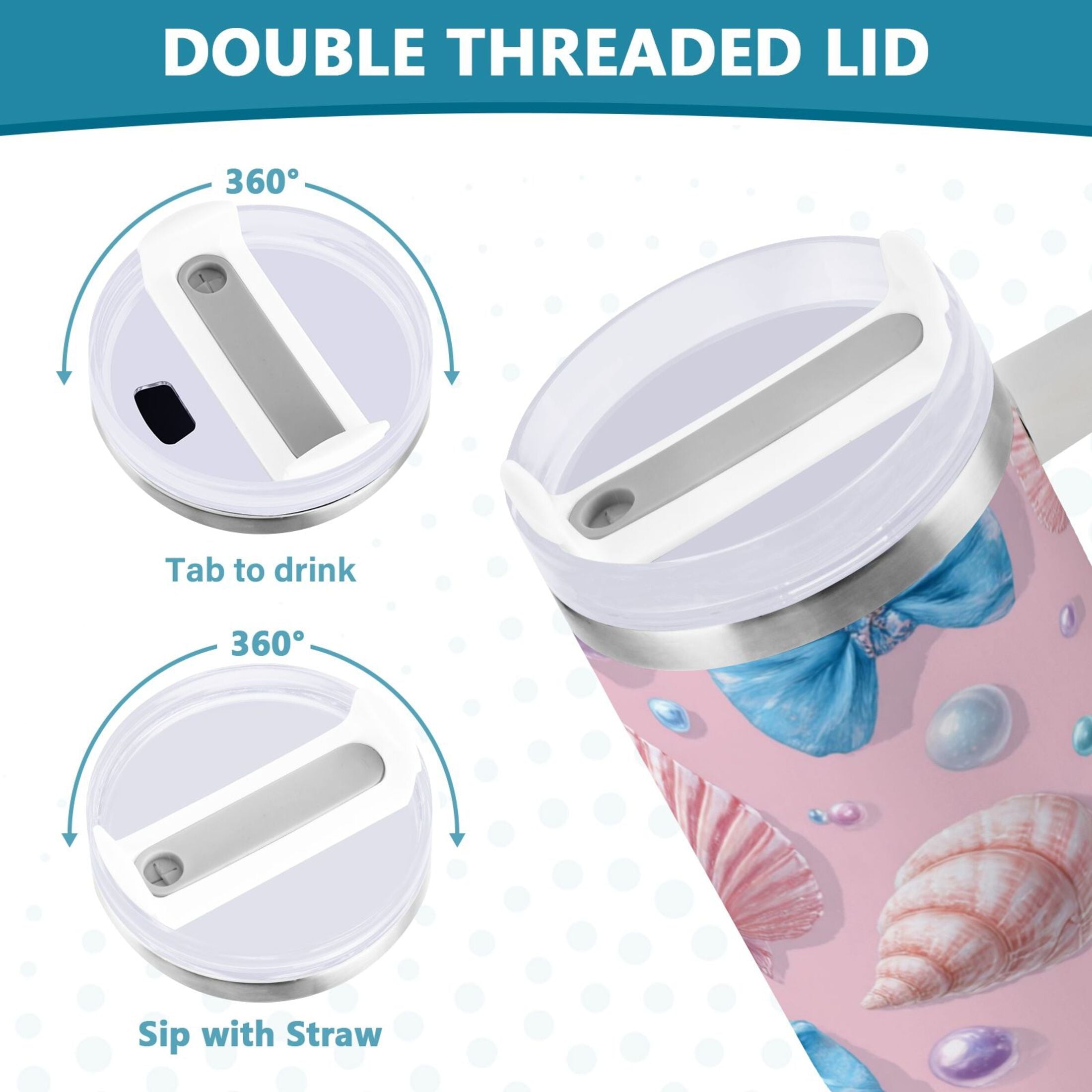 30 oz Insulated Stainless Steel Tumbler Double Wall Stainless Steel Tumbler with 2-Way Drinking Seashells and Bows I44I